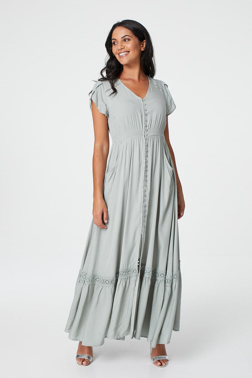 Button Front Maxi Dress with Pockets Front View 6