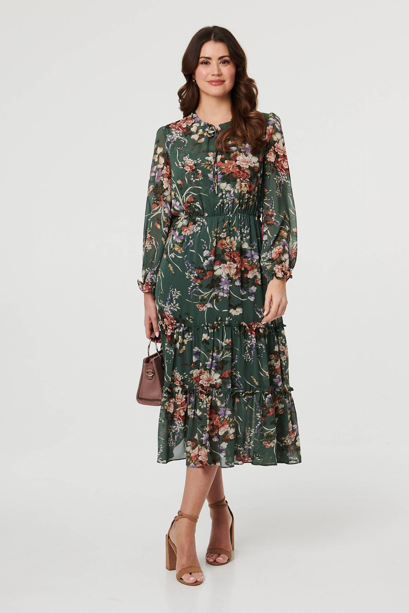 Floral Tiered Long Sleeve Midi Dress Front View