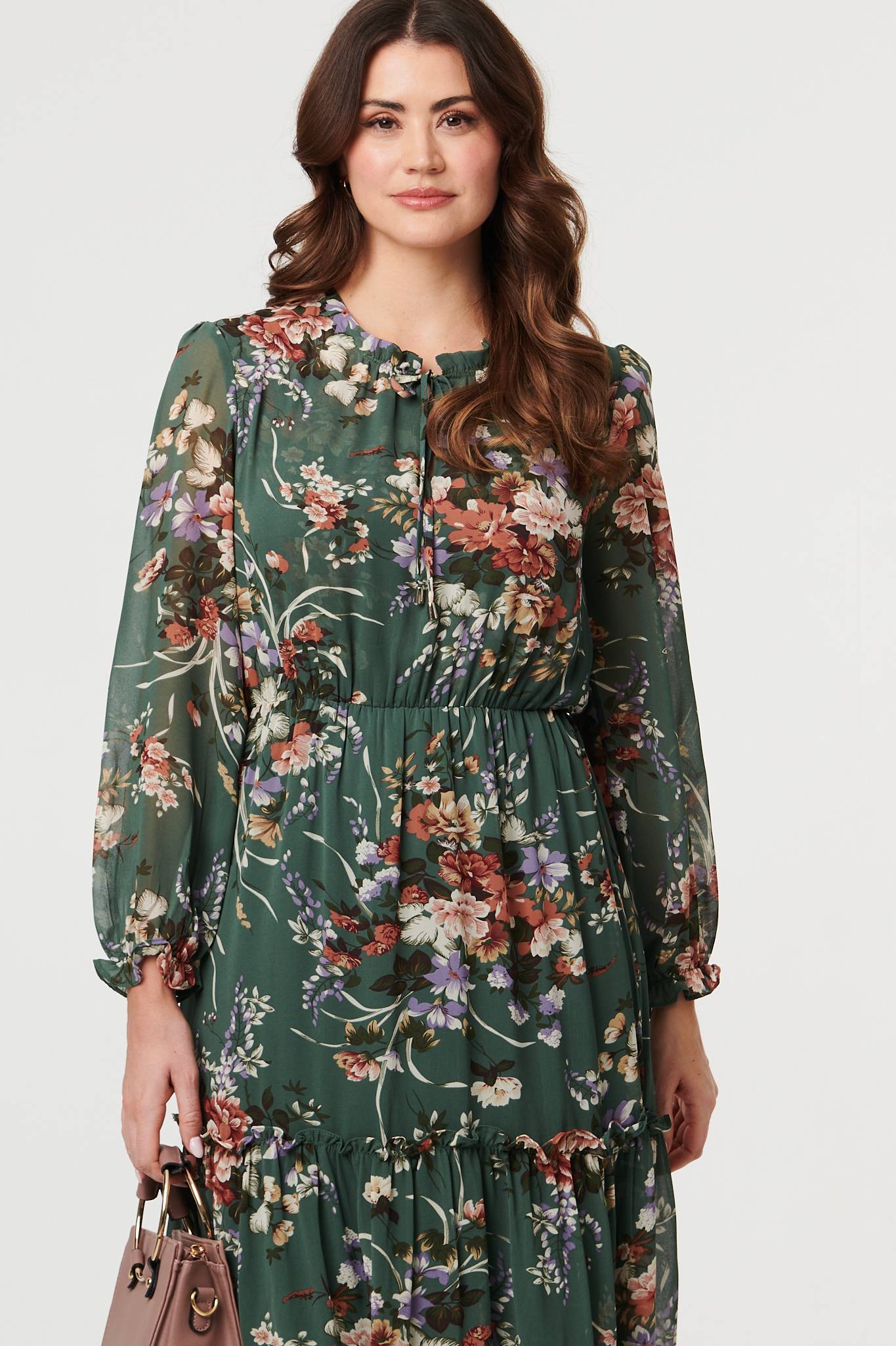 Floral Tiered Long Sleeve Midi Dress Styled View