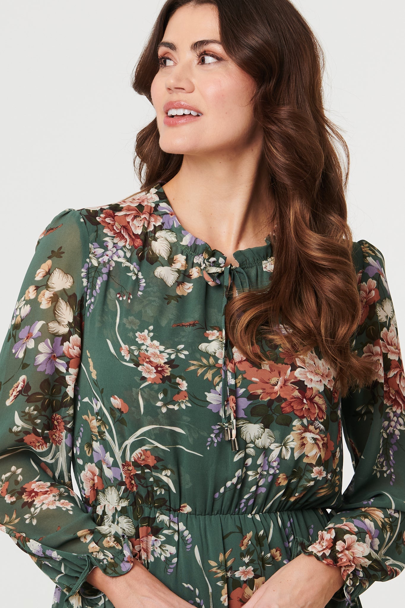 Floral Tiered Long Sleeve Midi Dress Detail View