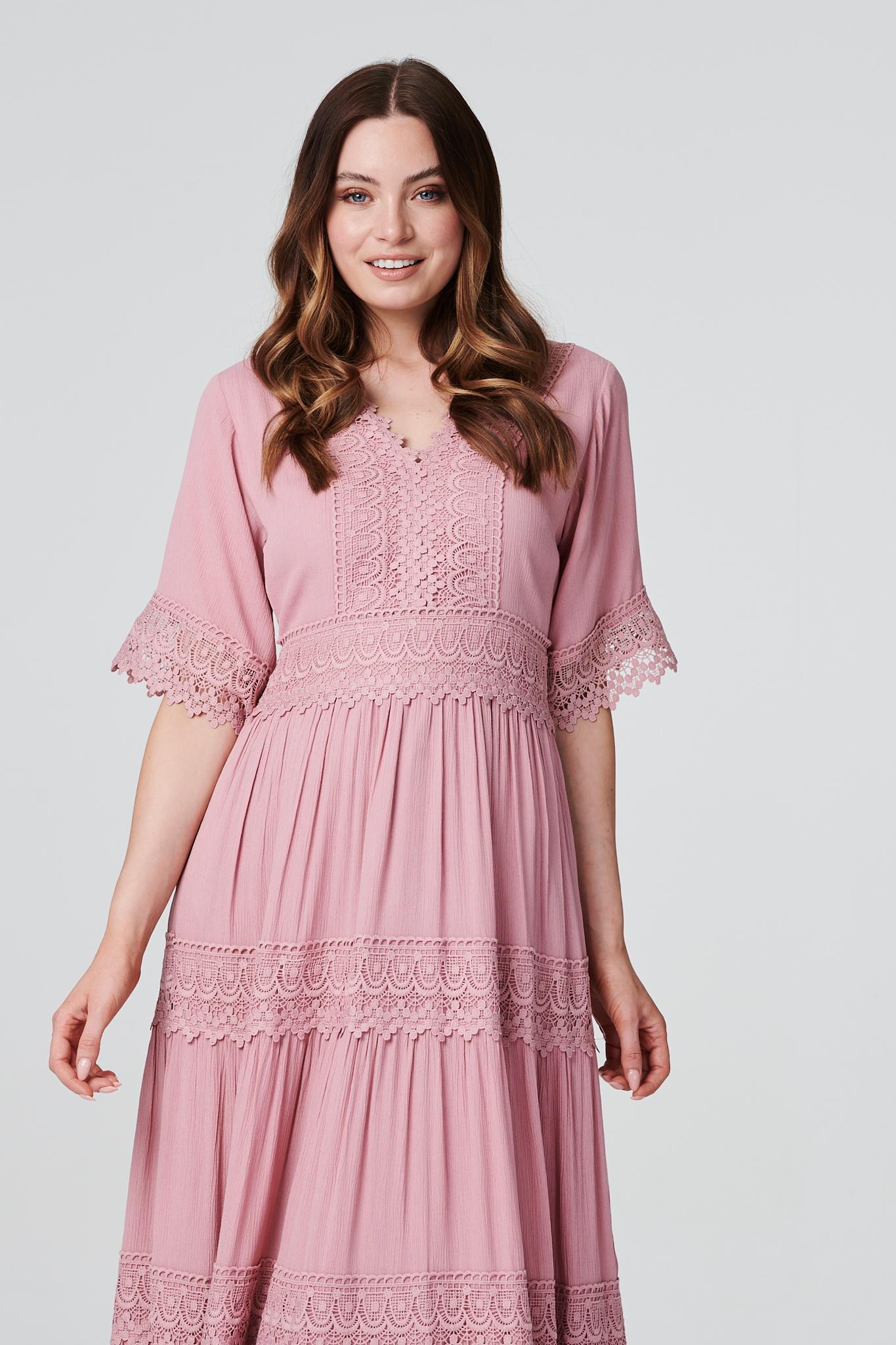 Short Sleeve Crochet Maxi Dress Detail View