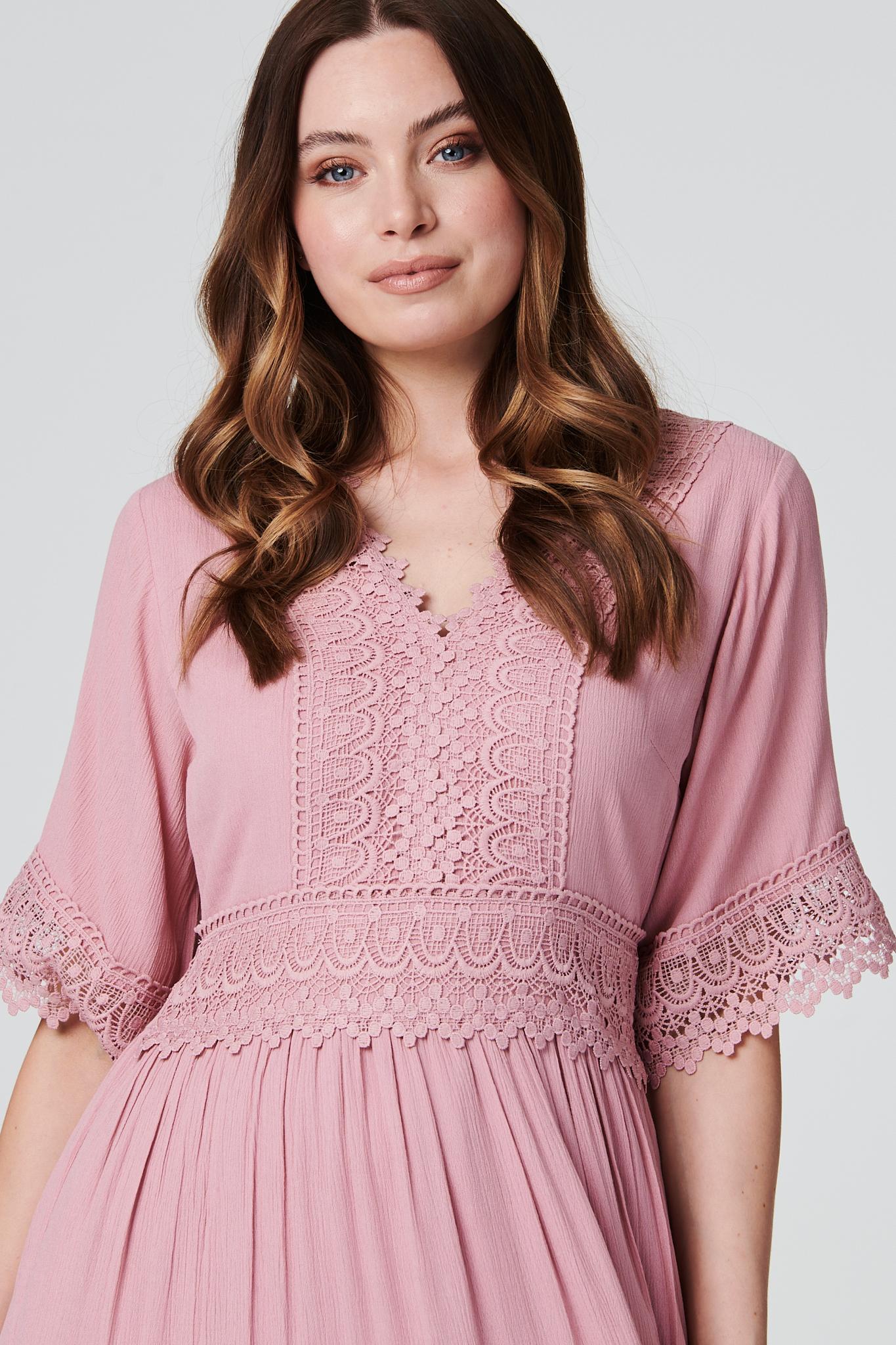 Short Sleeve Crochet Maxi Dress Back View