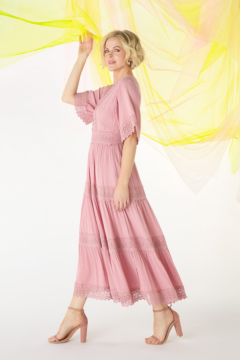 Short Sleeve Crochet Maxi Dress Front View