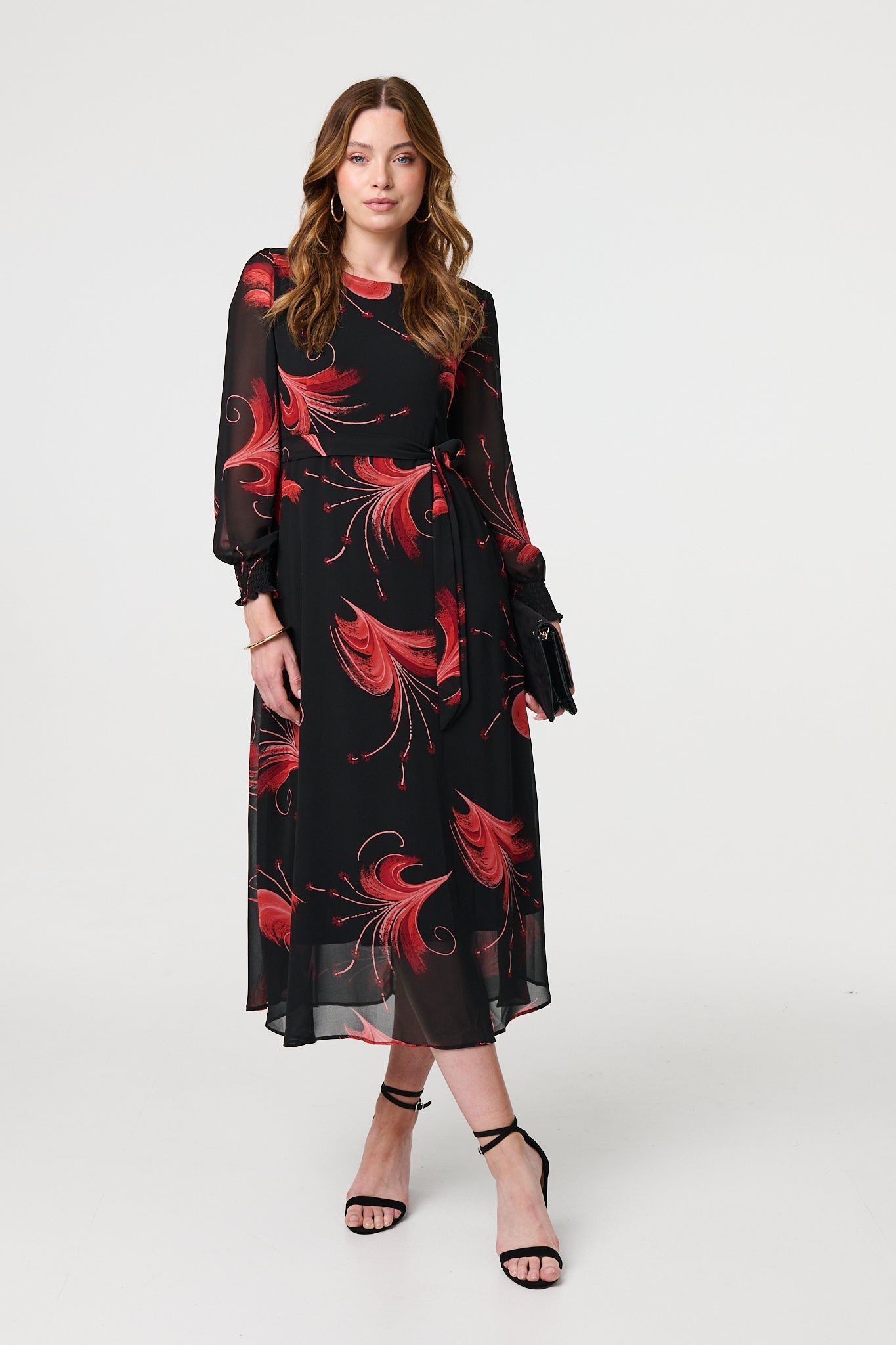 Tropical Print Mesh Layered Midi Dress Front View