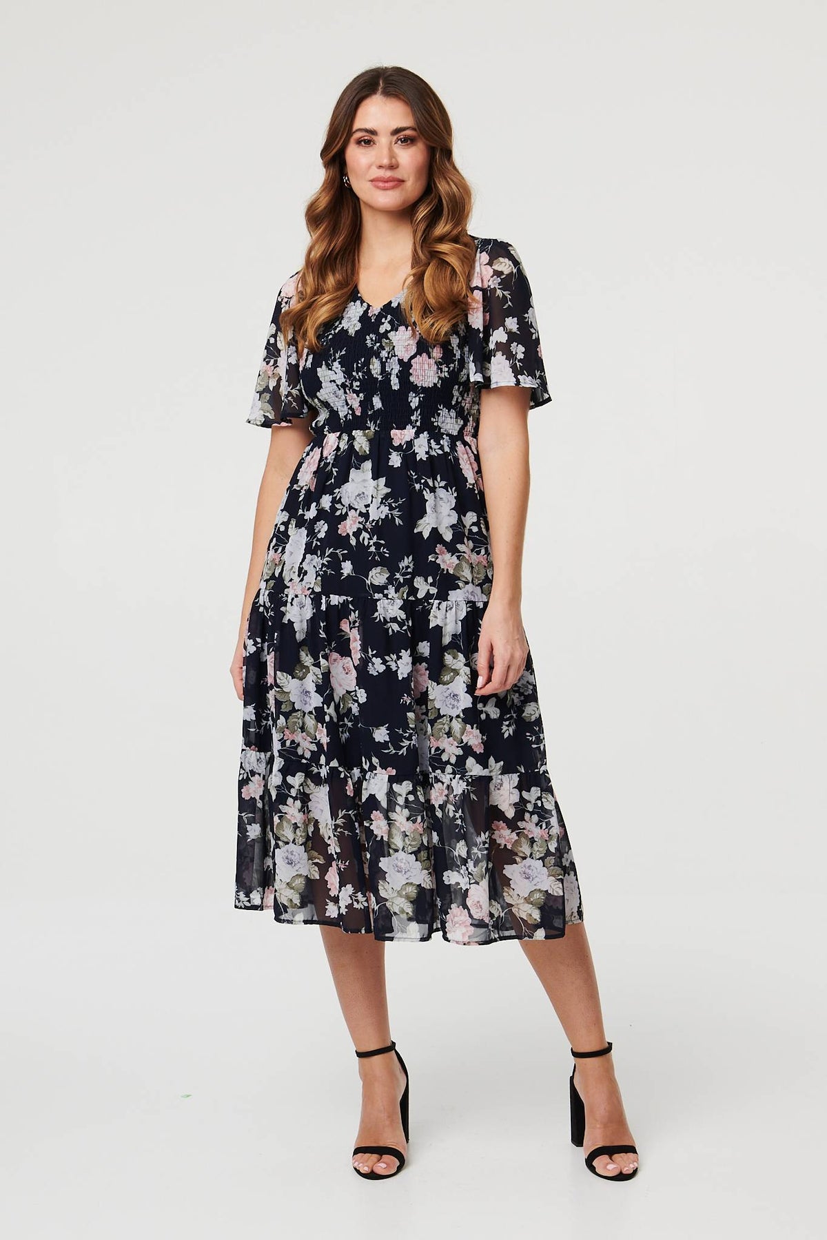 Floral Ruched Angel Sleeve Midi Dress Front View
