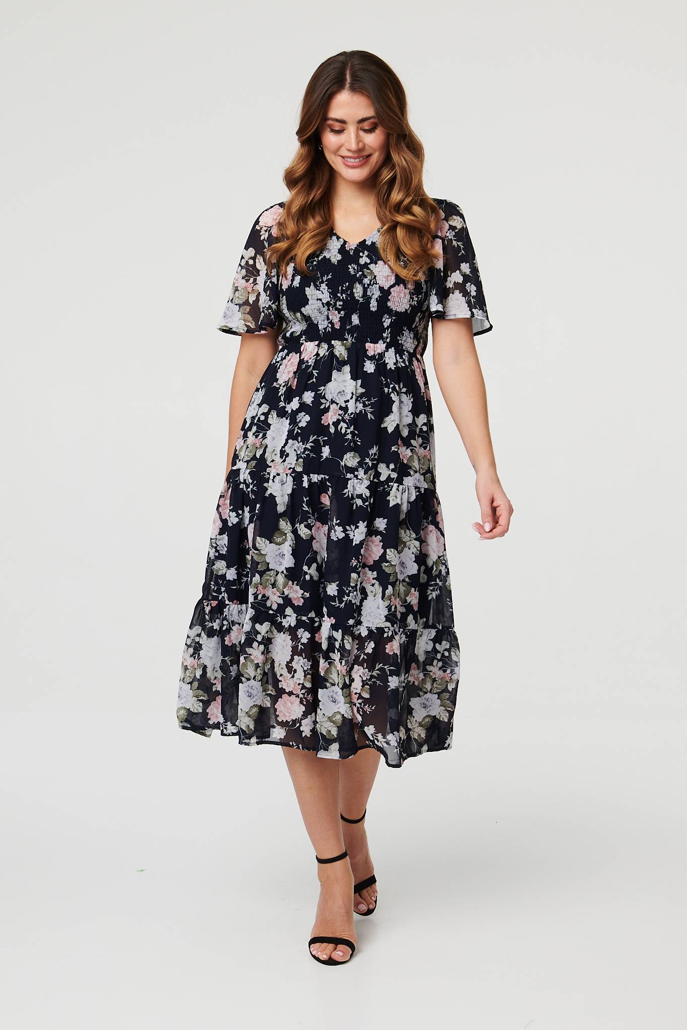 Floral Ruched Angel Sleeve Midi Dress Back View