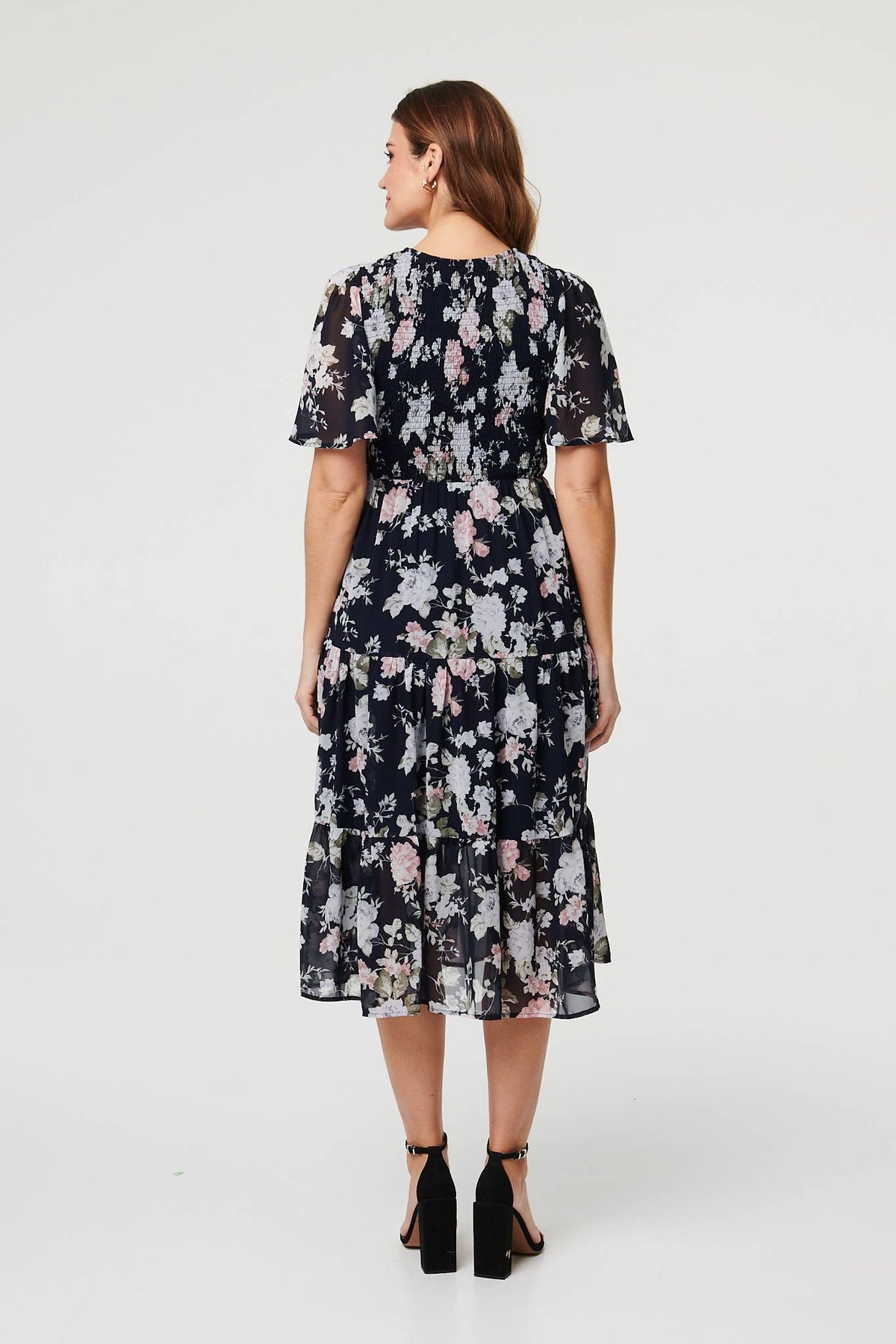 Floral Ruched Angel Sleeve Midi Dress Side View