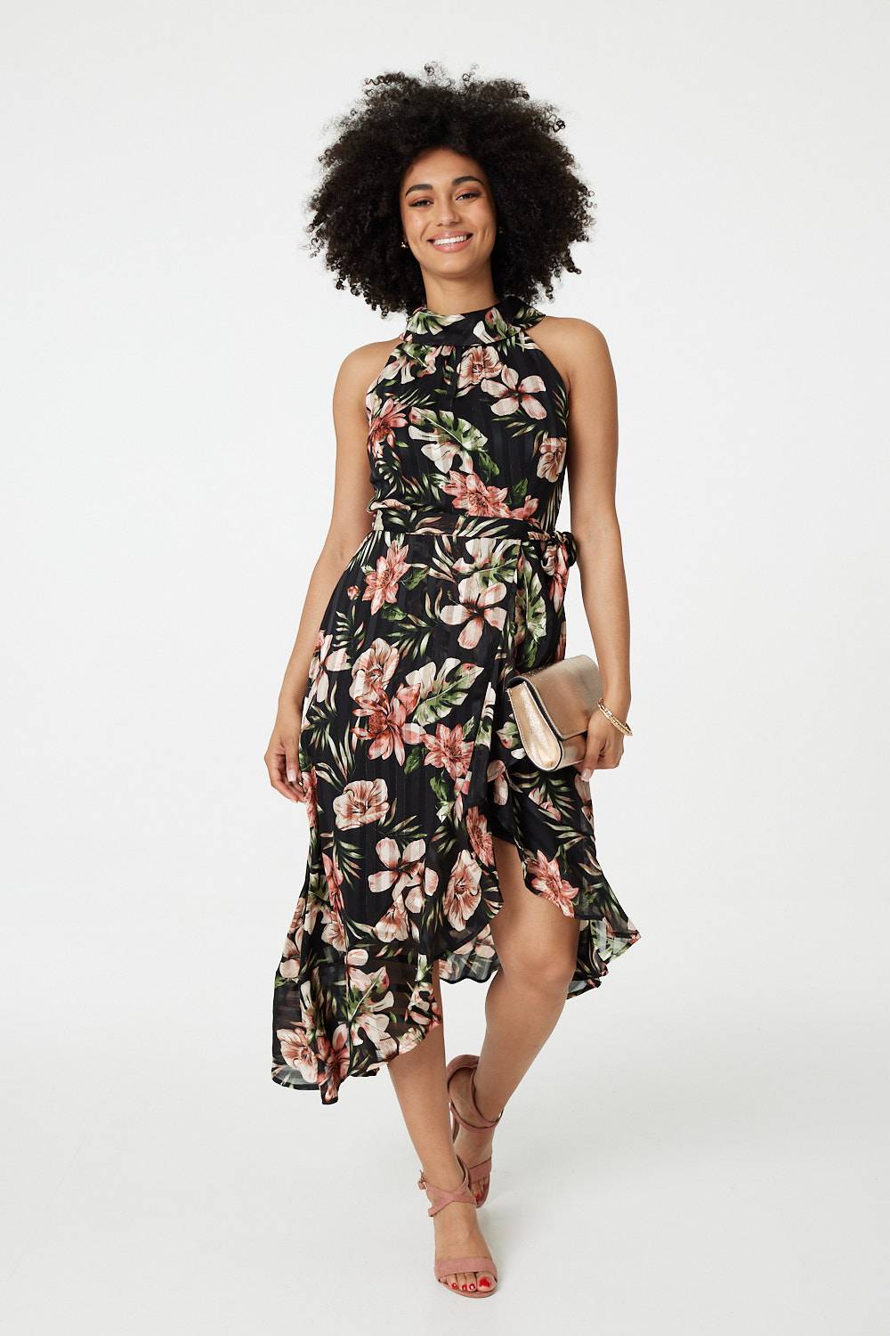 Floral Asymmetric Halter Neck Midi Dress Front View