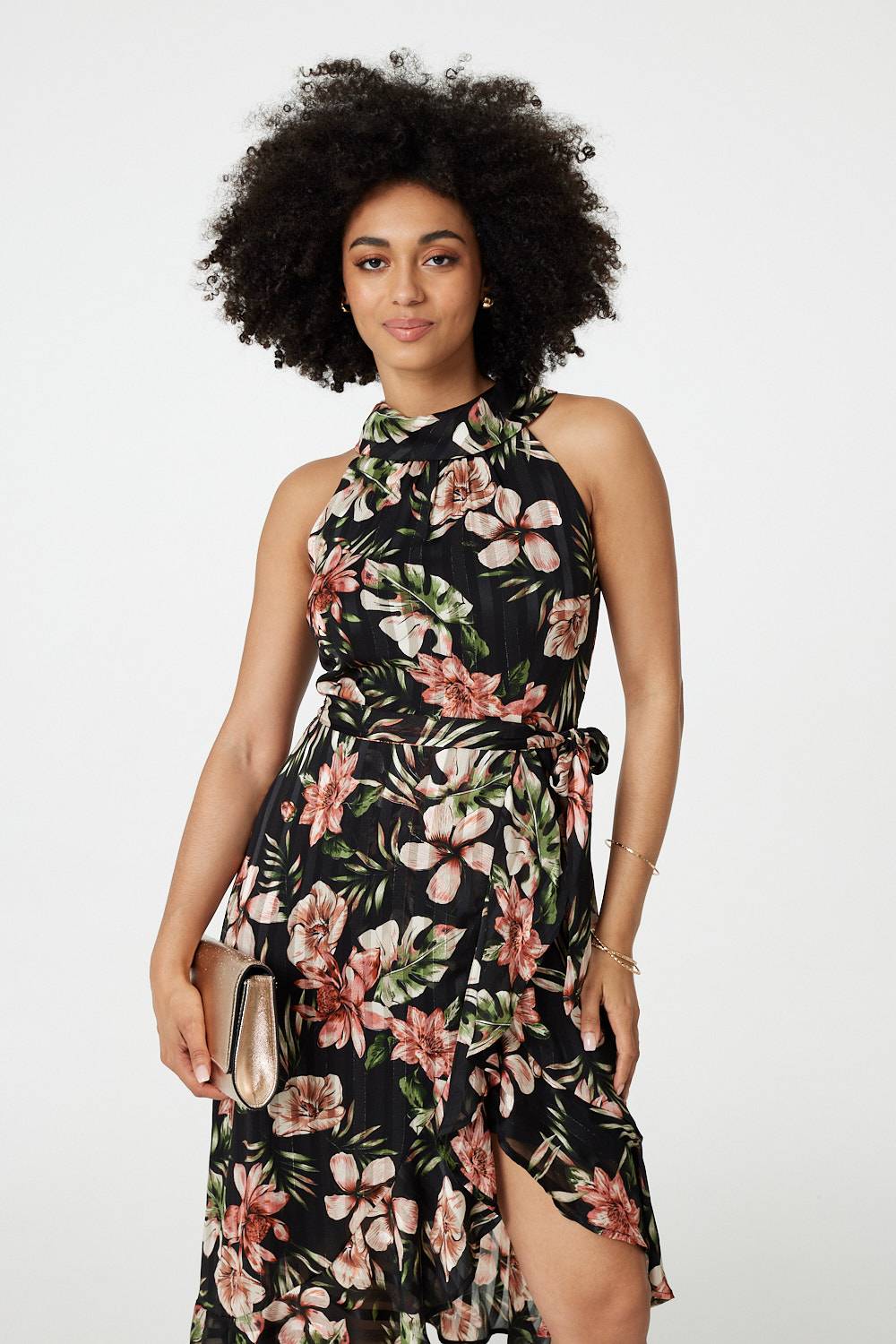 Floral Asymmetric Halter Neck Midi Dress Back View