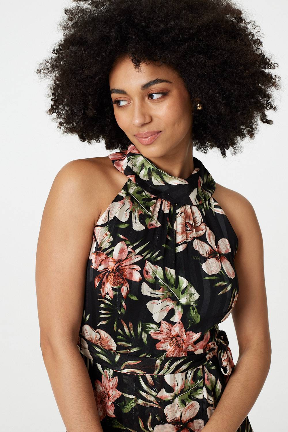 Floral Asymmetric Halter Neck Midi Dress Styled View