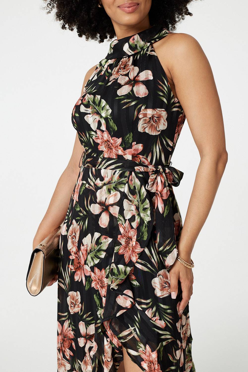Floral Asymmetric Halter Neck Midi Dress Detail View