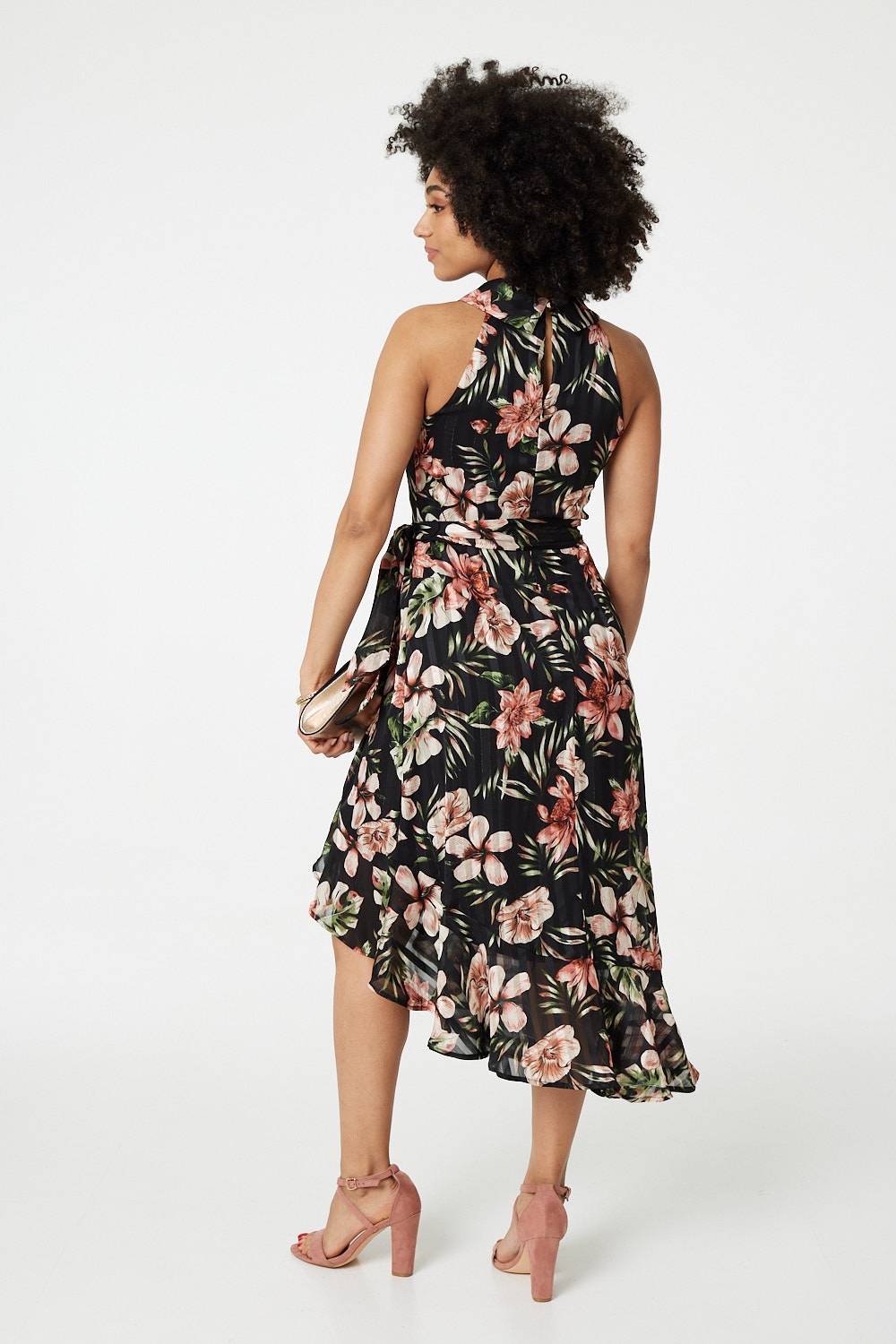 Floral Asymmetric Halter Neck Midi Dress Side View