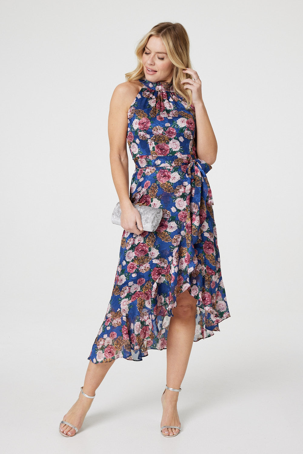 Floral Frill Hem Midi Halter Dress Full Length View