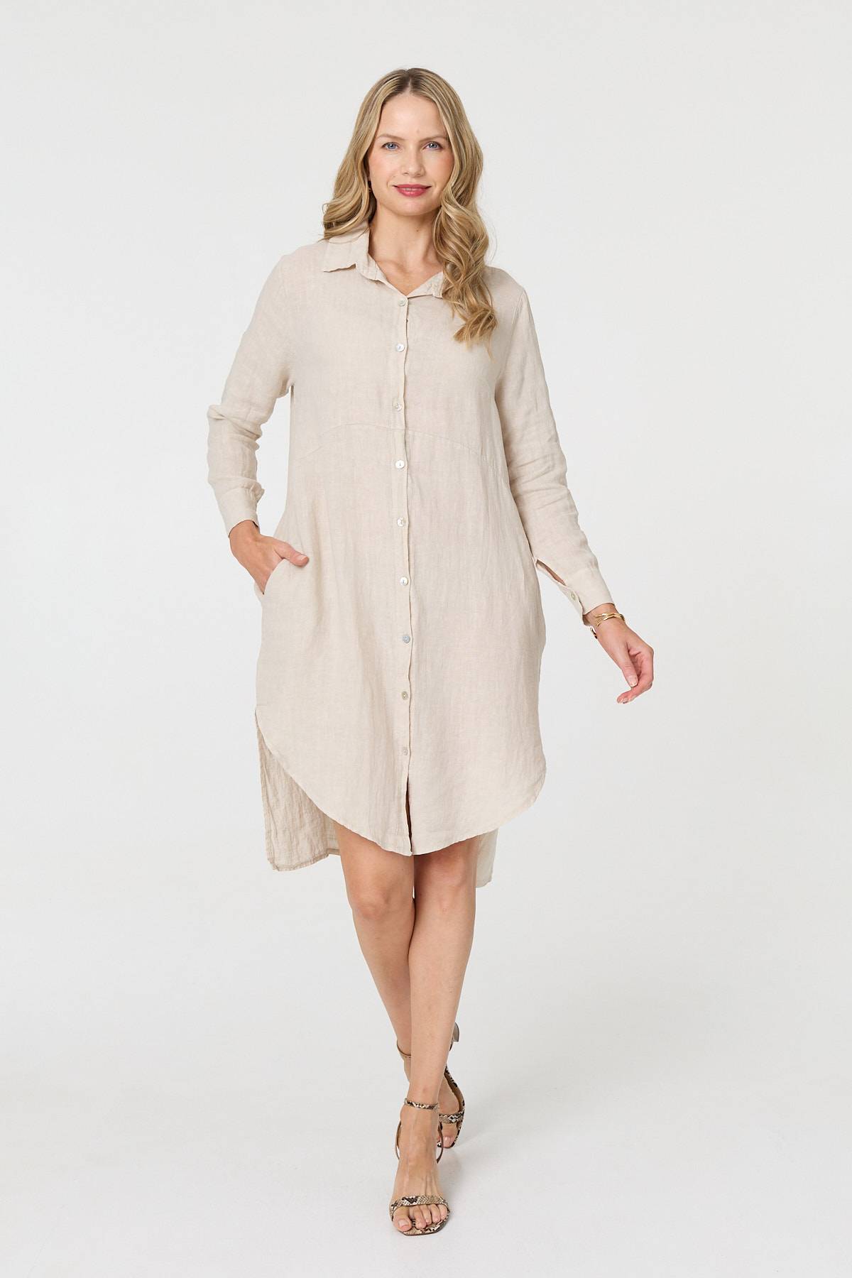 Long Sleeve Split Hem Midi Shirt Dress Back View