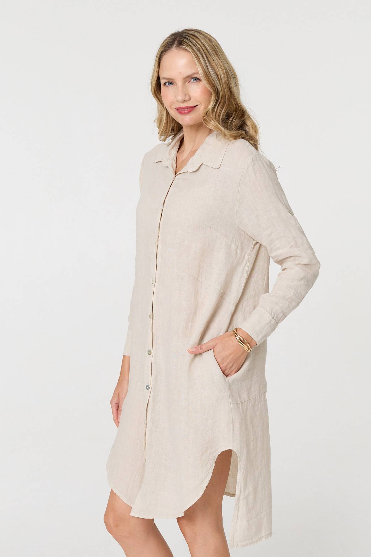 Long Sleeve Split Hem Midi Shirt Dress Side View