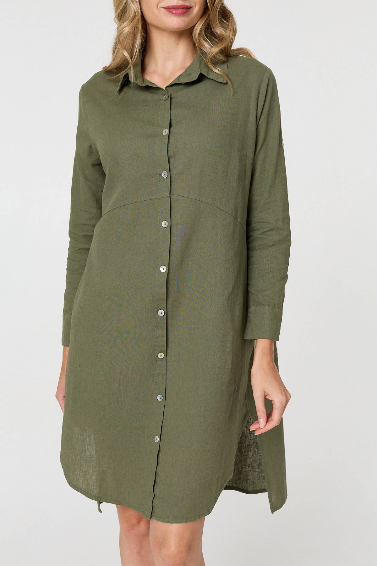 Long Sleeve Split Hem Midi Shirt Dress Side View 3