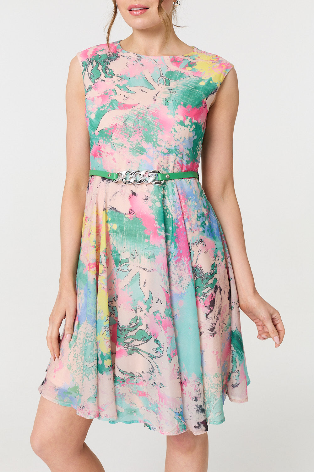 Printed Sleeveless Short Skater Dress Styled View