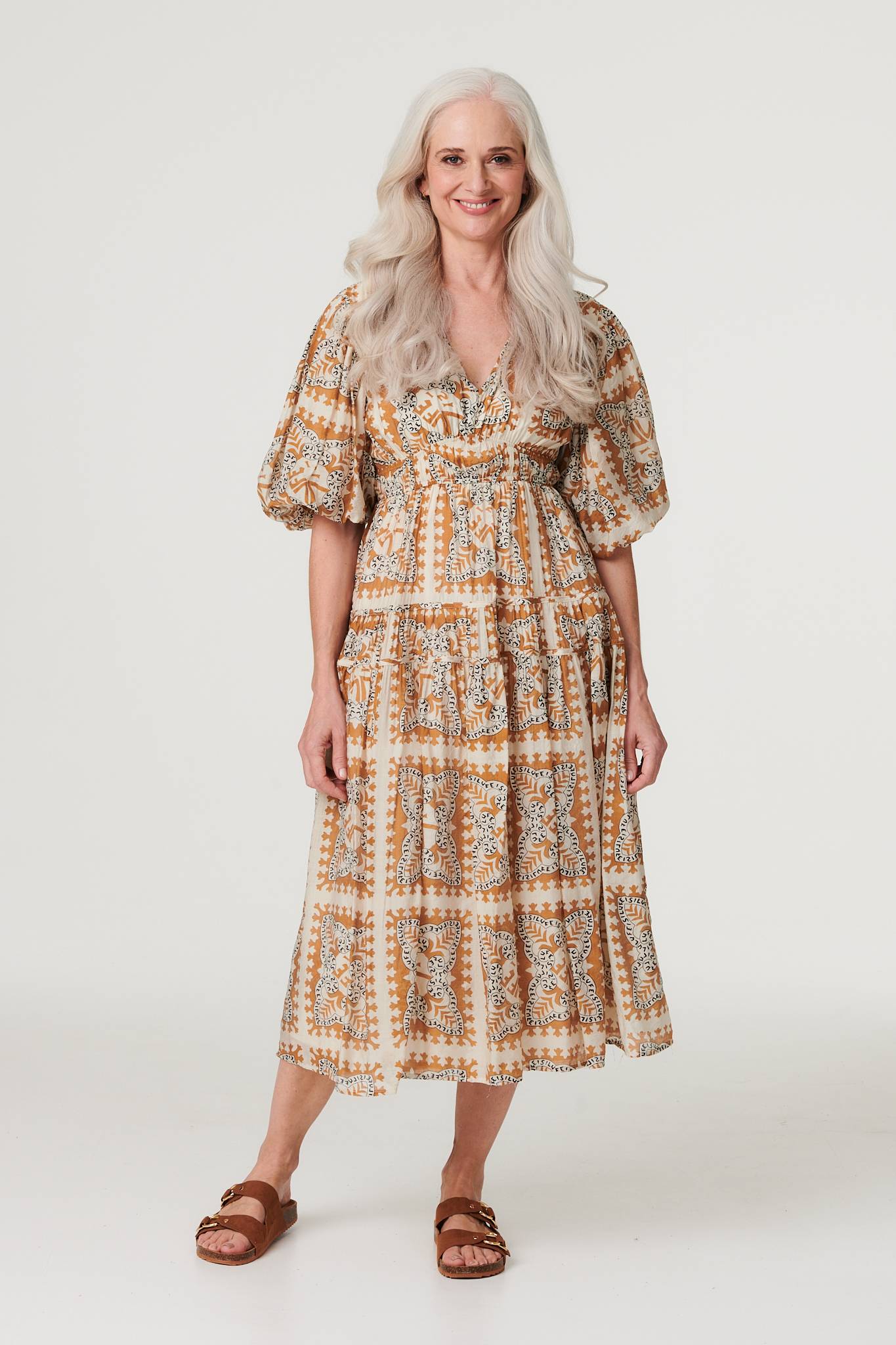 Printed Puff 1/2 Sleeve Midi Dress Front View