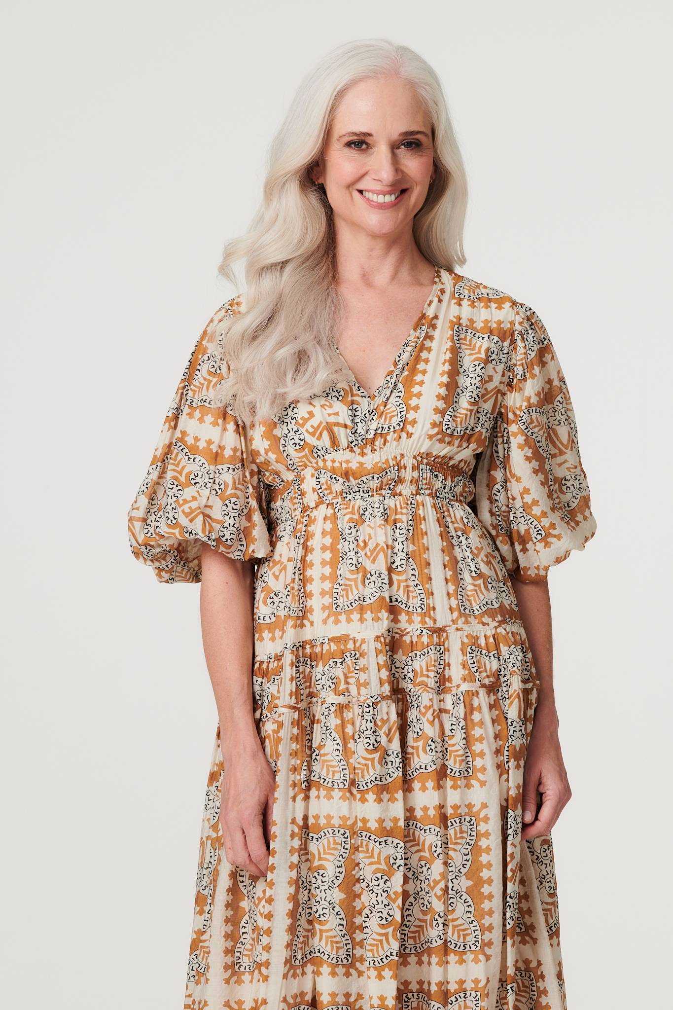 Printed Puff 1/2 Sleeve Midi Dress Back View