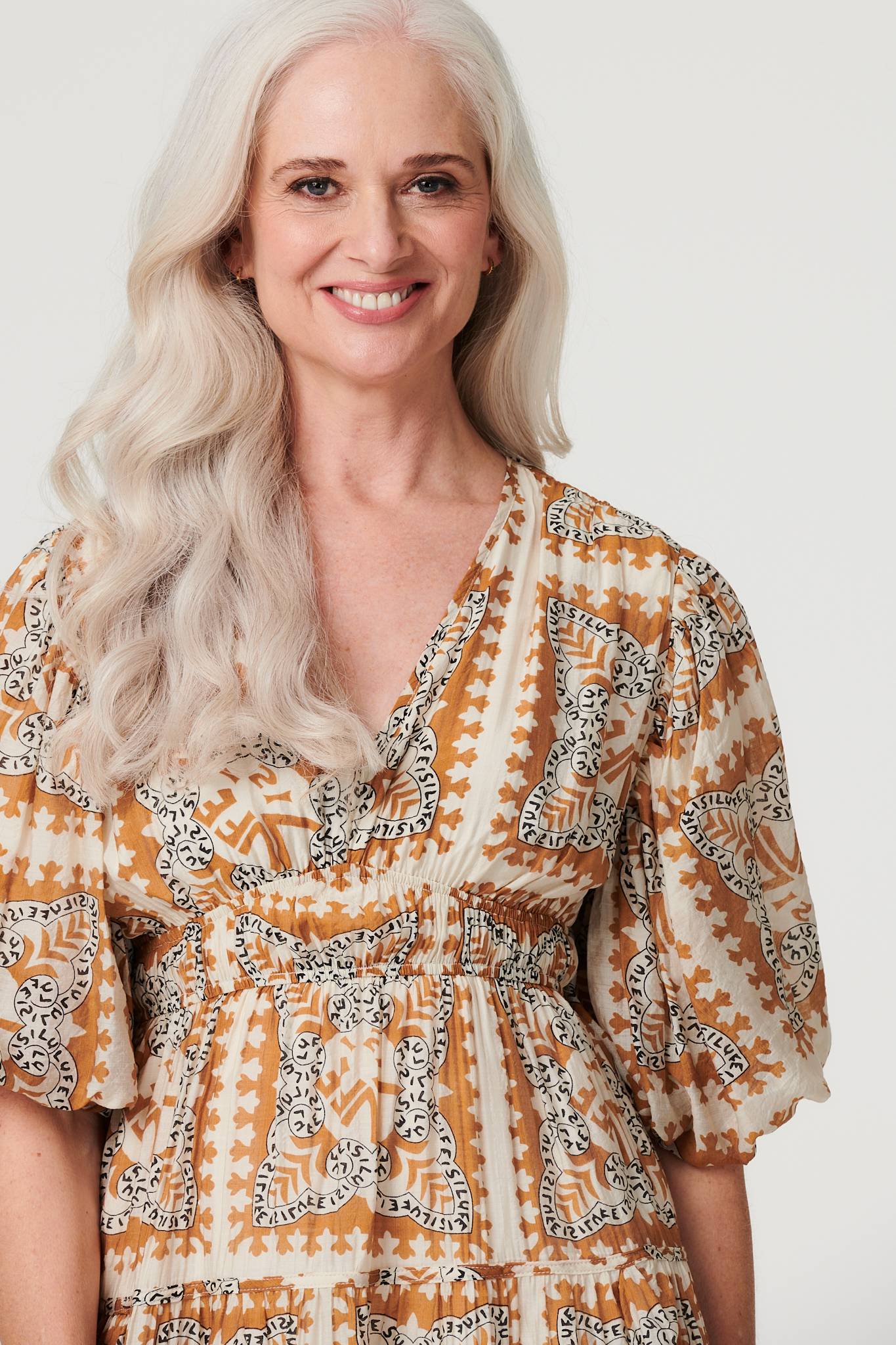 Printed Puff 1/2 Sleeve Midi Dress Detail View