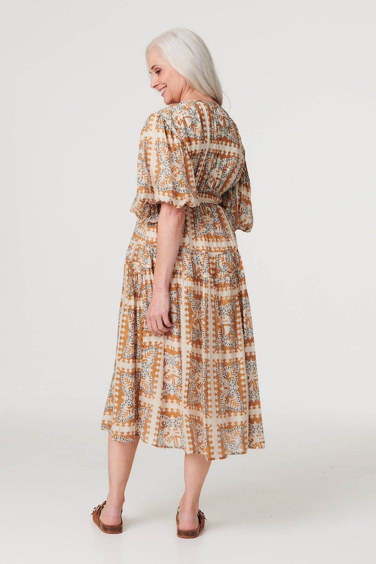 Printed Puff 1/2 Sleeve Midi Dress Side View