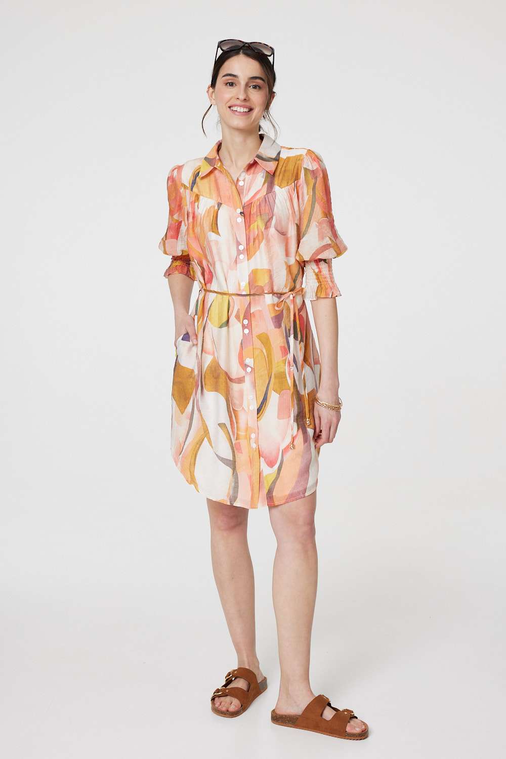 Printed 3/4 Puff Sleeve Shirt Dress Front View