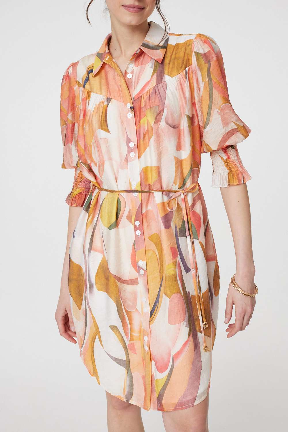 Printed 3/4 Puff Sleeve Shirt Dress Detail View