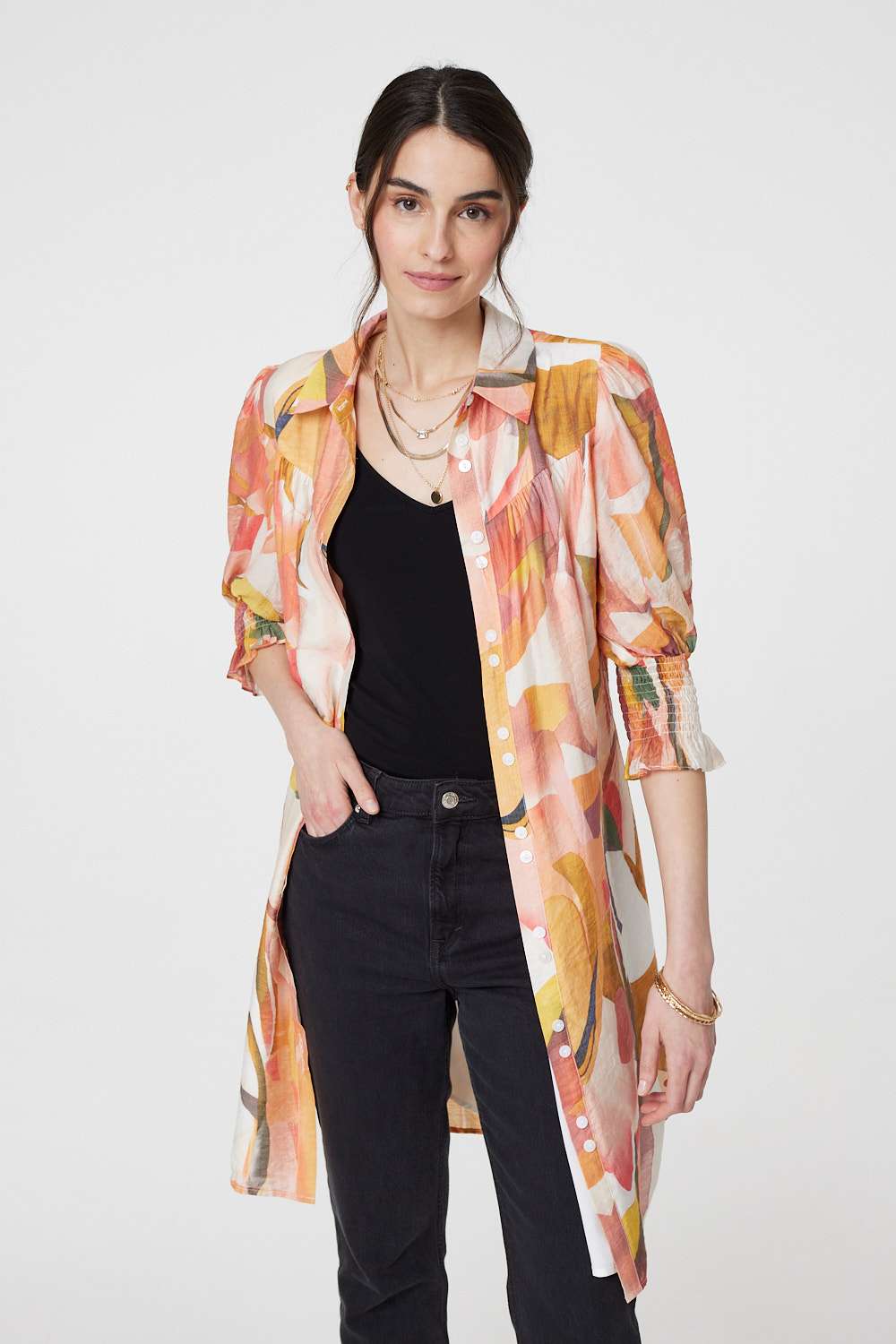 Printed 3/4 Puff Sleeve Shirt Dress Front View 2