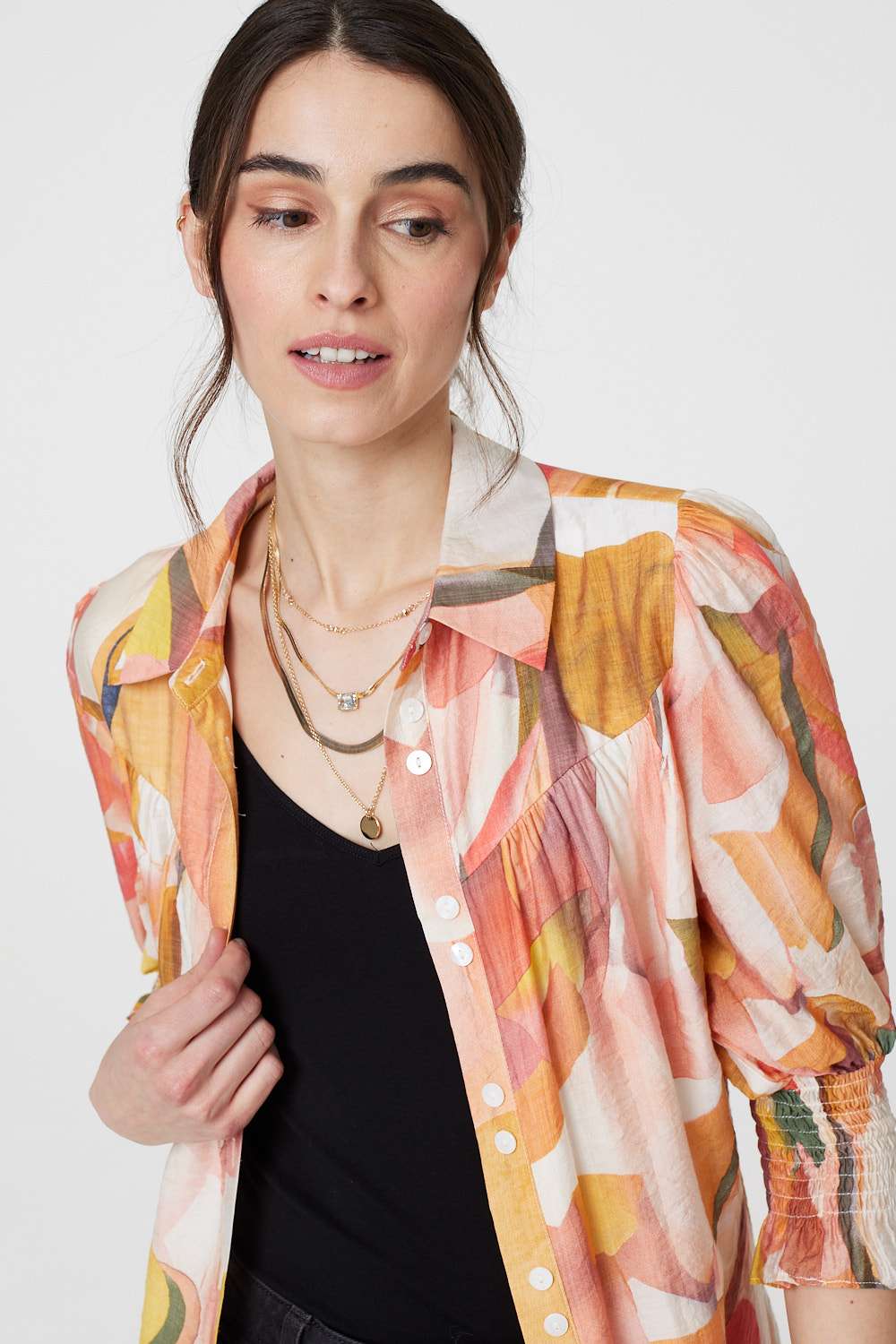 Printed 3/4 Puff Sleeve Shirt Dress Detail View 2