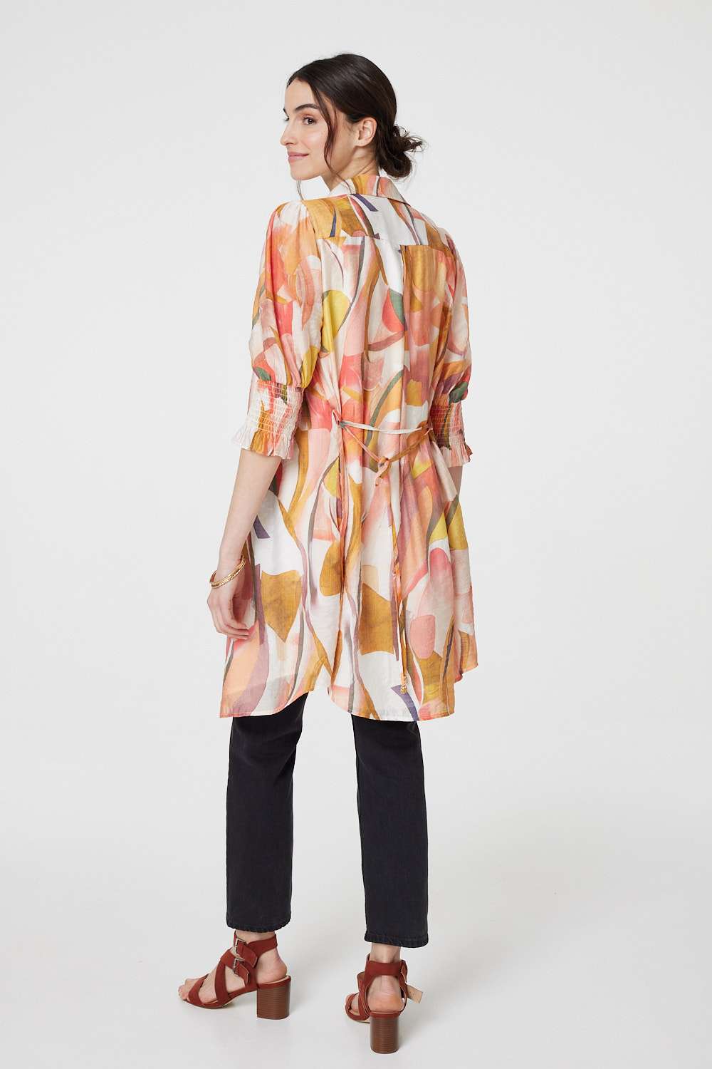 Printed 3/4 Puff Sleeve Shirt Dress Back View 2