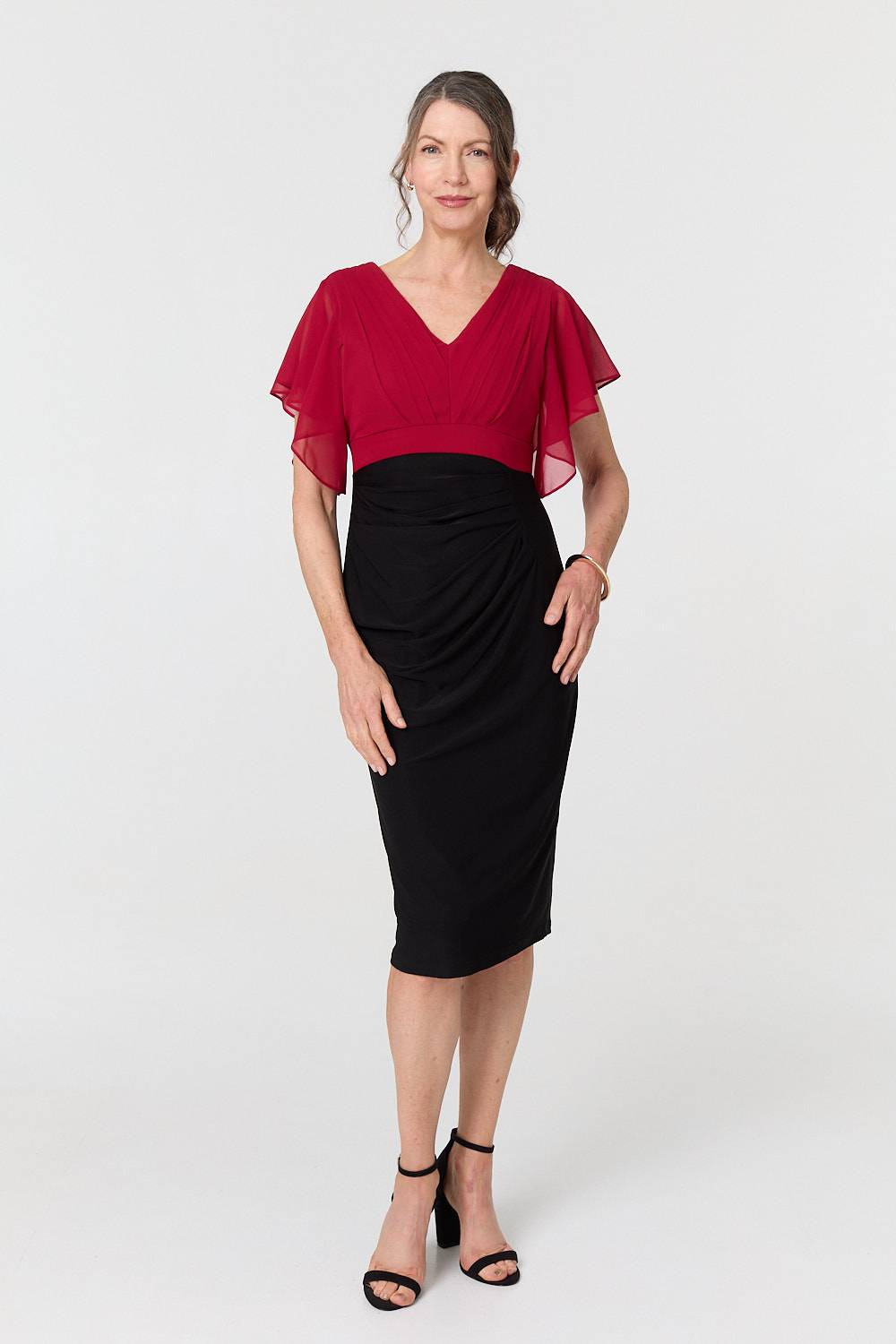 Colour Block Sheer Sleeve Midi Dress Back View