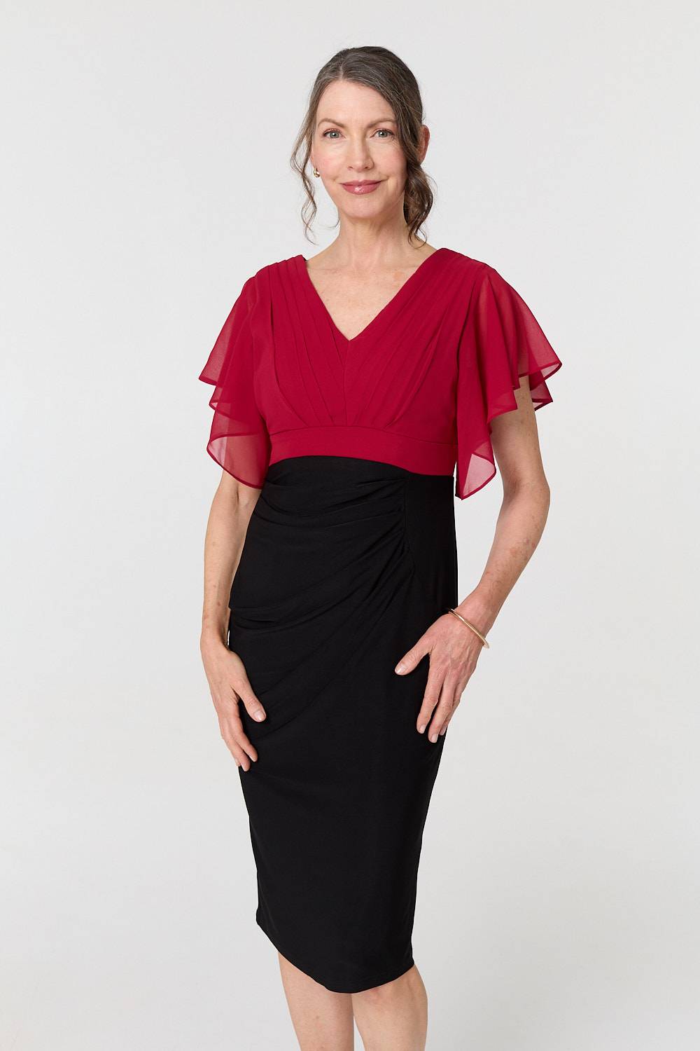 Colour Block Sheer Sleeve Midi Dress Front View