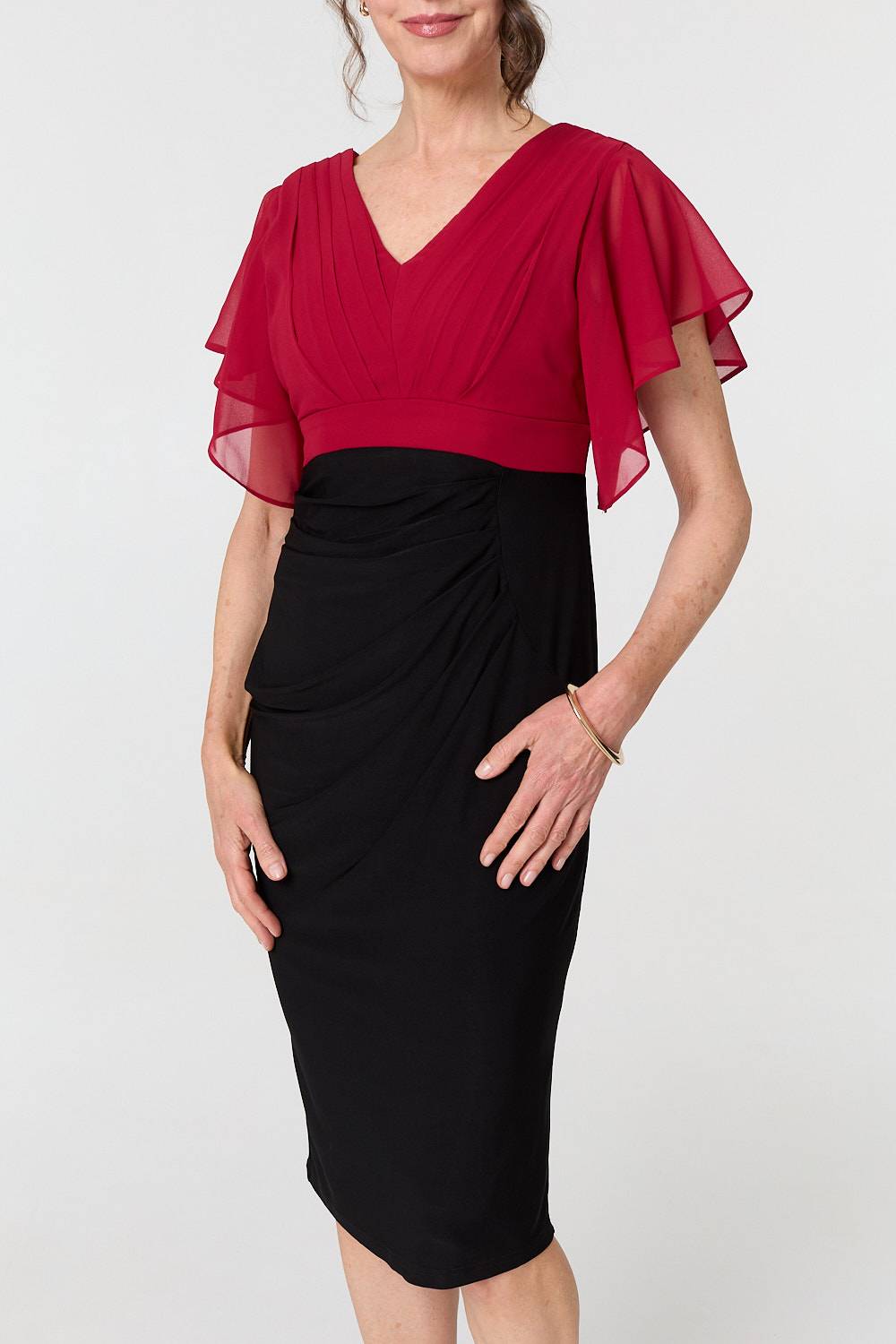 Colour Block Sheer Sleeve Midi Dress Front View 2