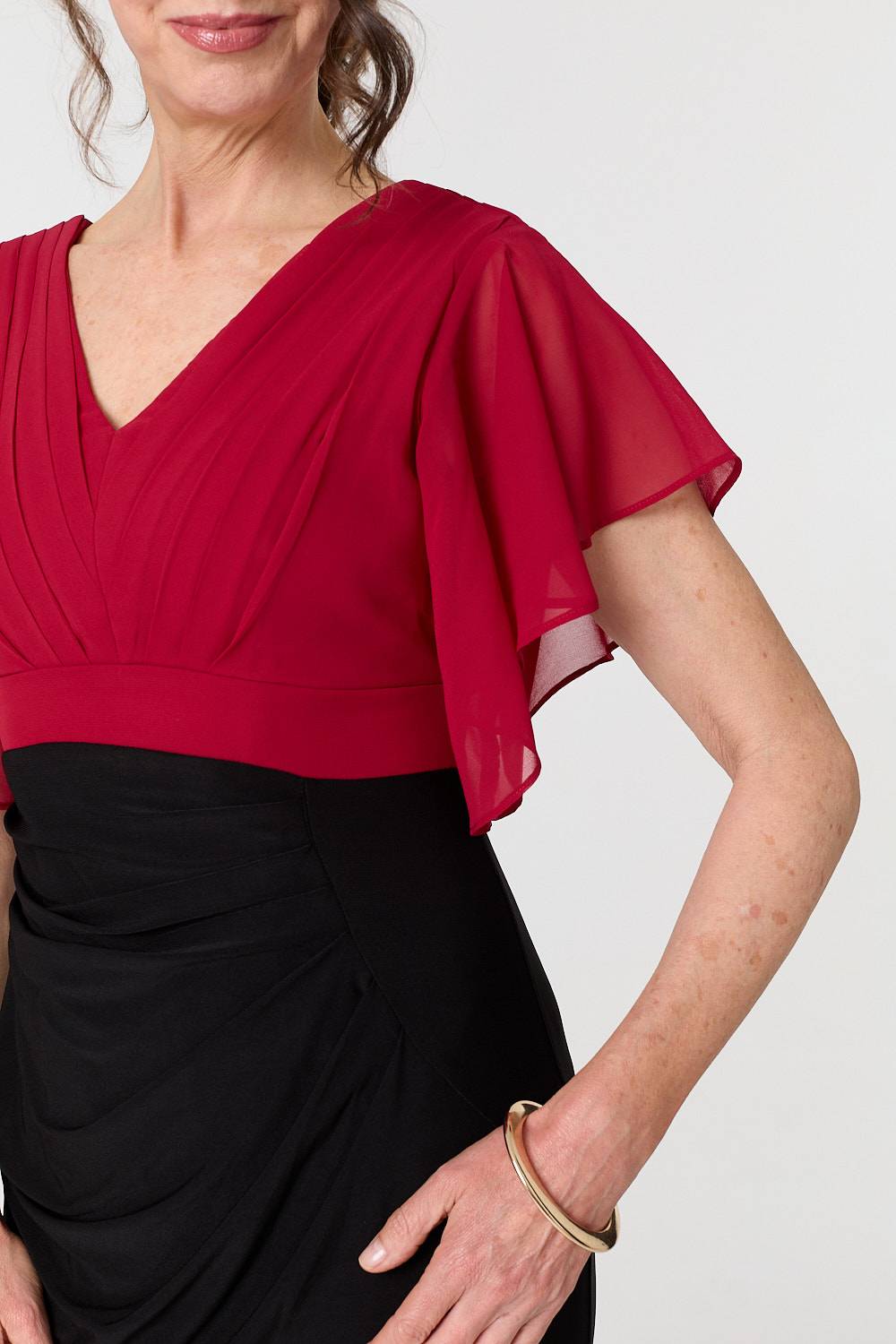 Colour Block Sheer Sleeve Midi Dress Full Length View