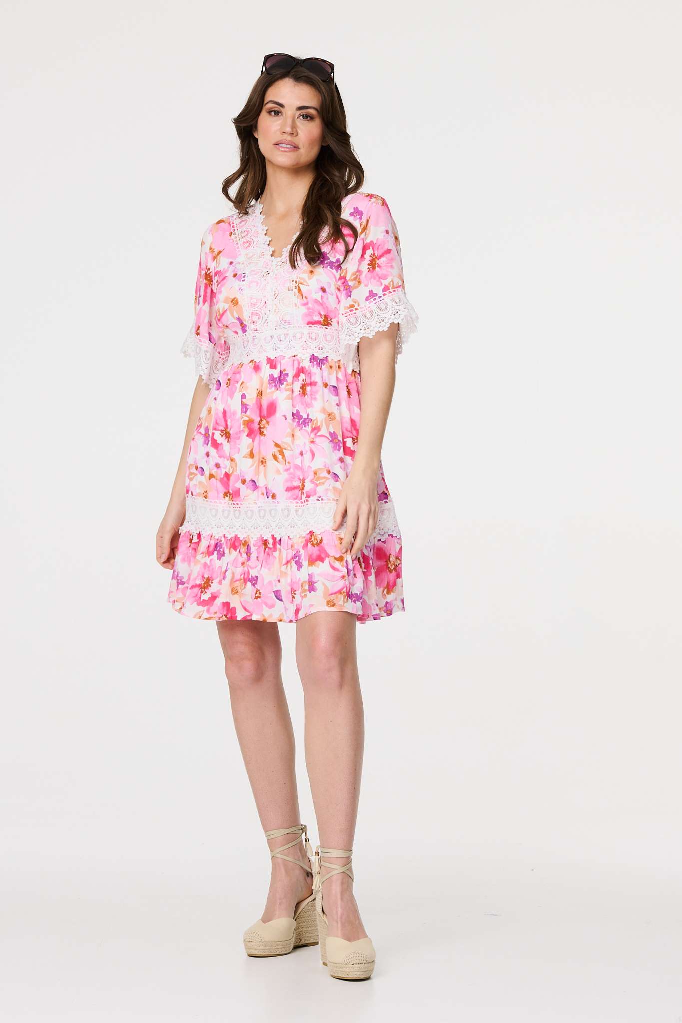 Floral Lace 1/2 Sleeve Short Dress Front View