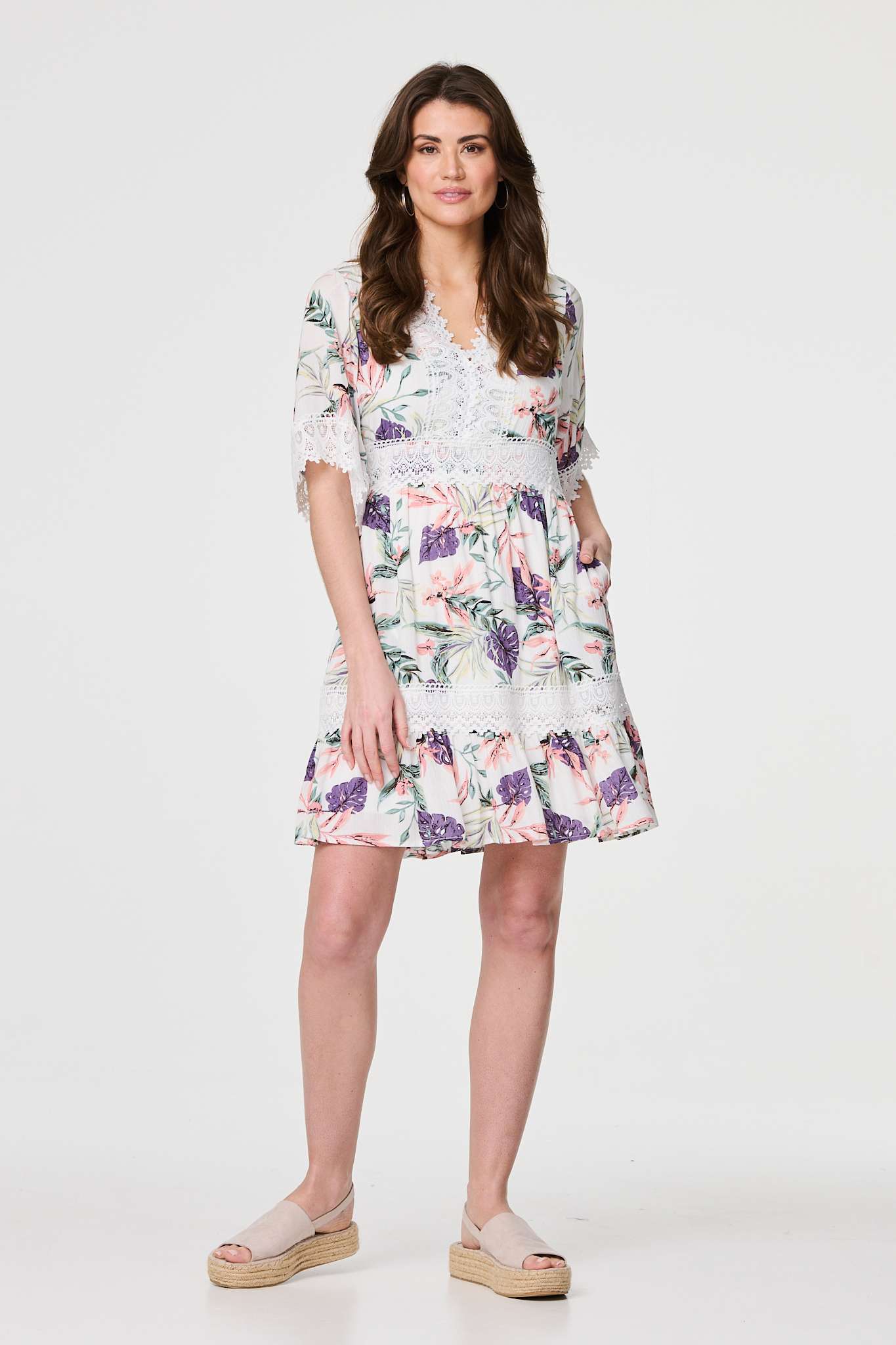 Leaf Print Lace Trim Short Dress Back View