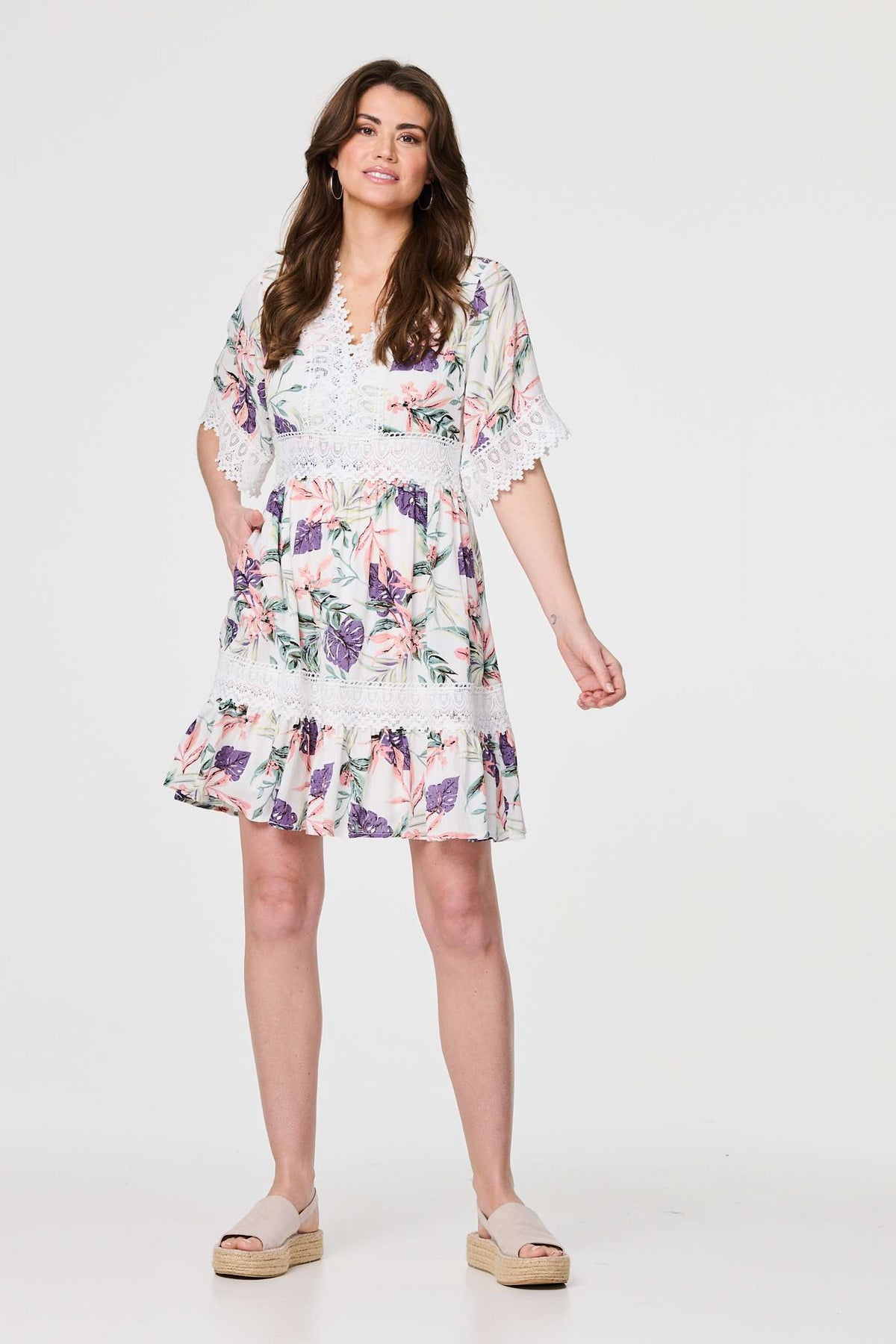 Leaf Print Lace Trim Short Dress Front View 2
