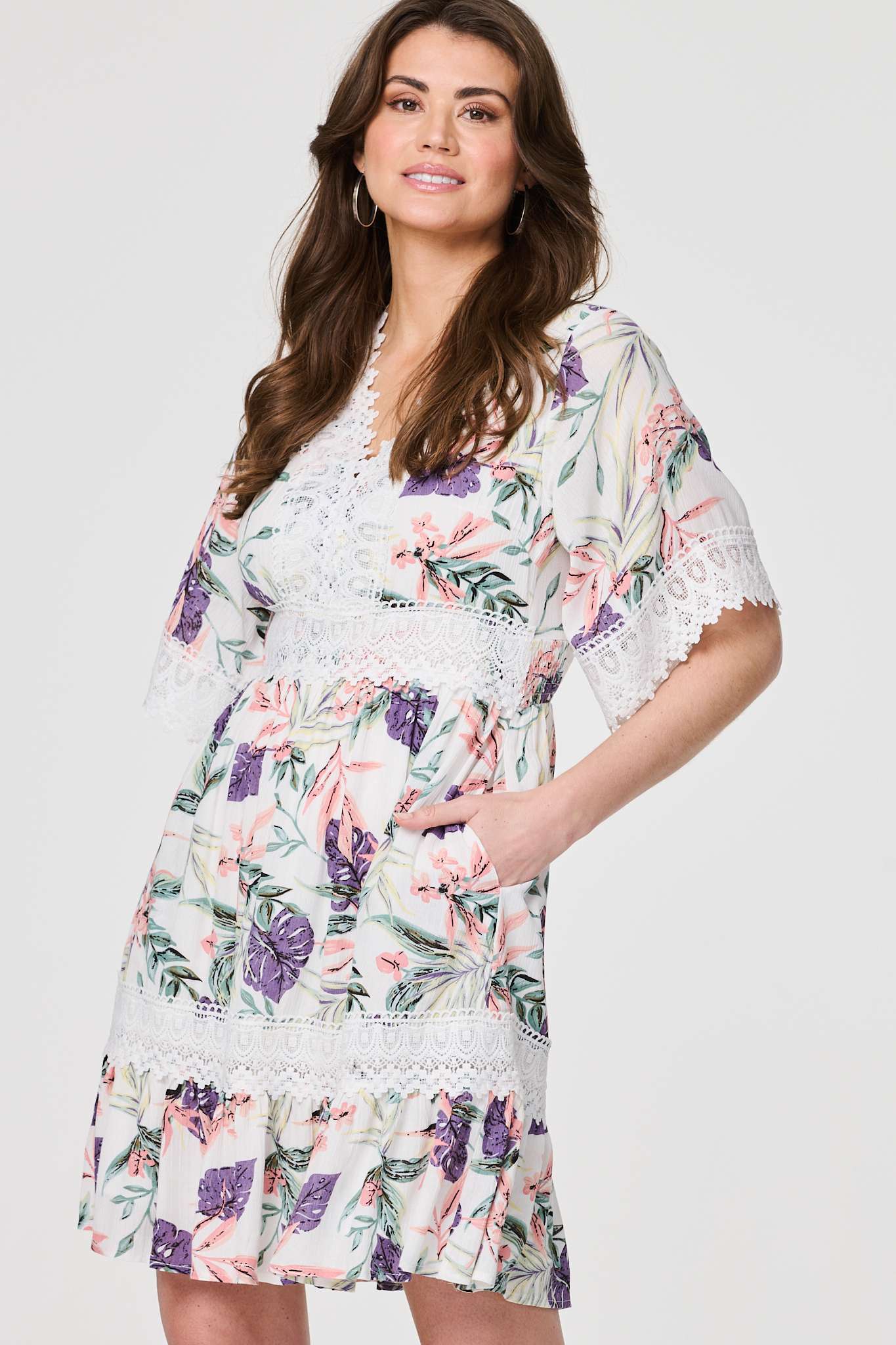 Leaf Print Lace Trim Short Dress Front View