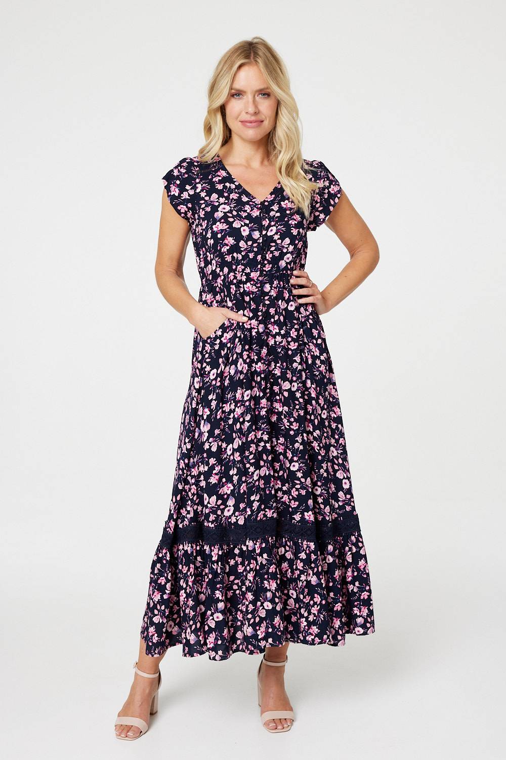 Floral Pocket Detail Maxi Dress Front View