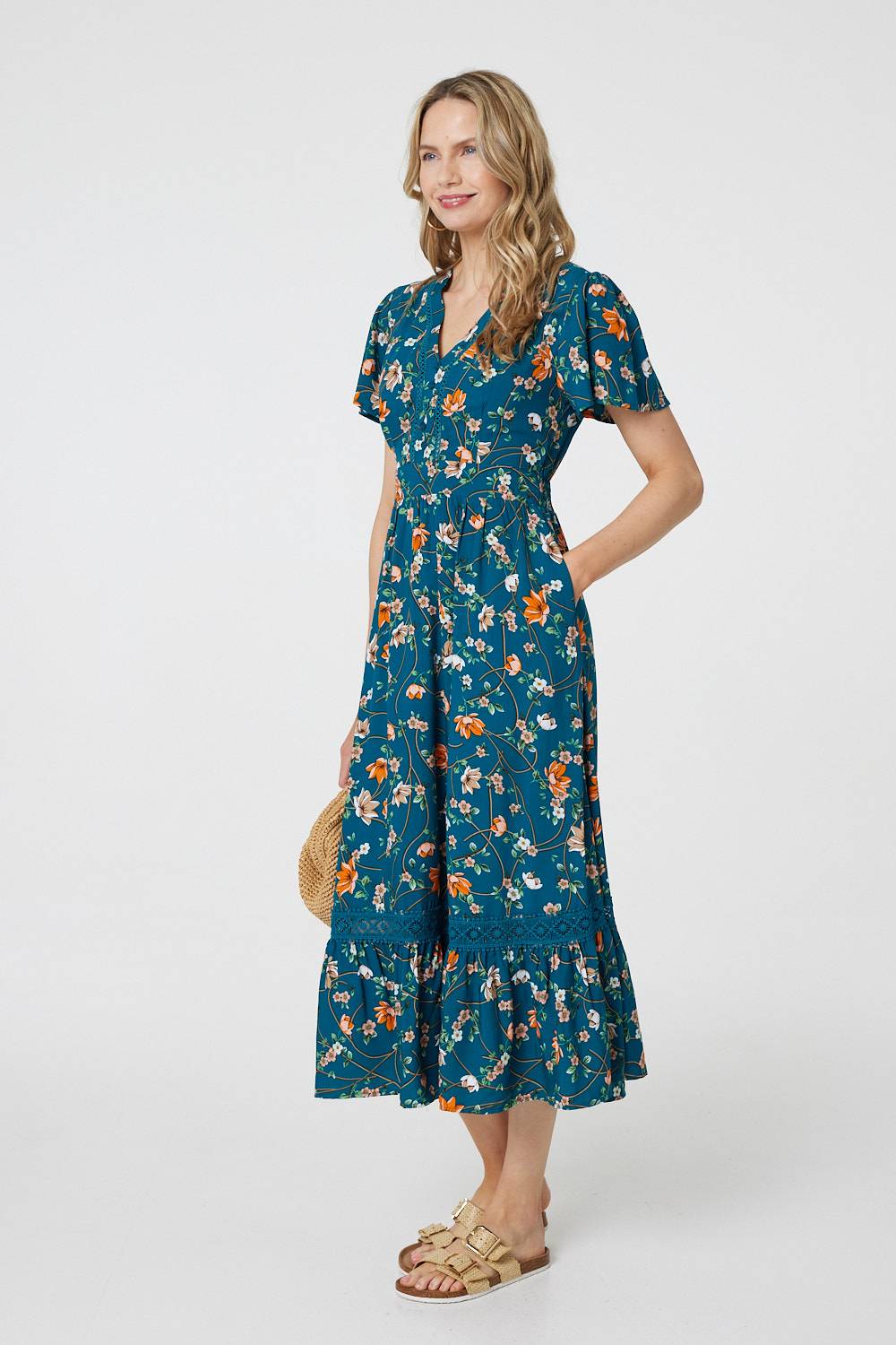 Floral Lace Trim Short Sleeve Midi Dress Detail View 2