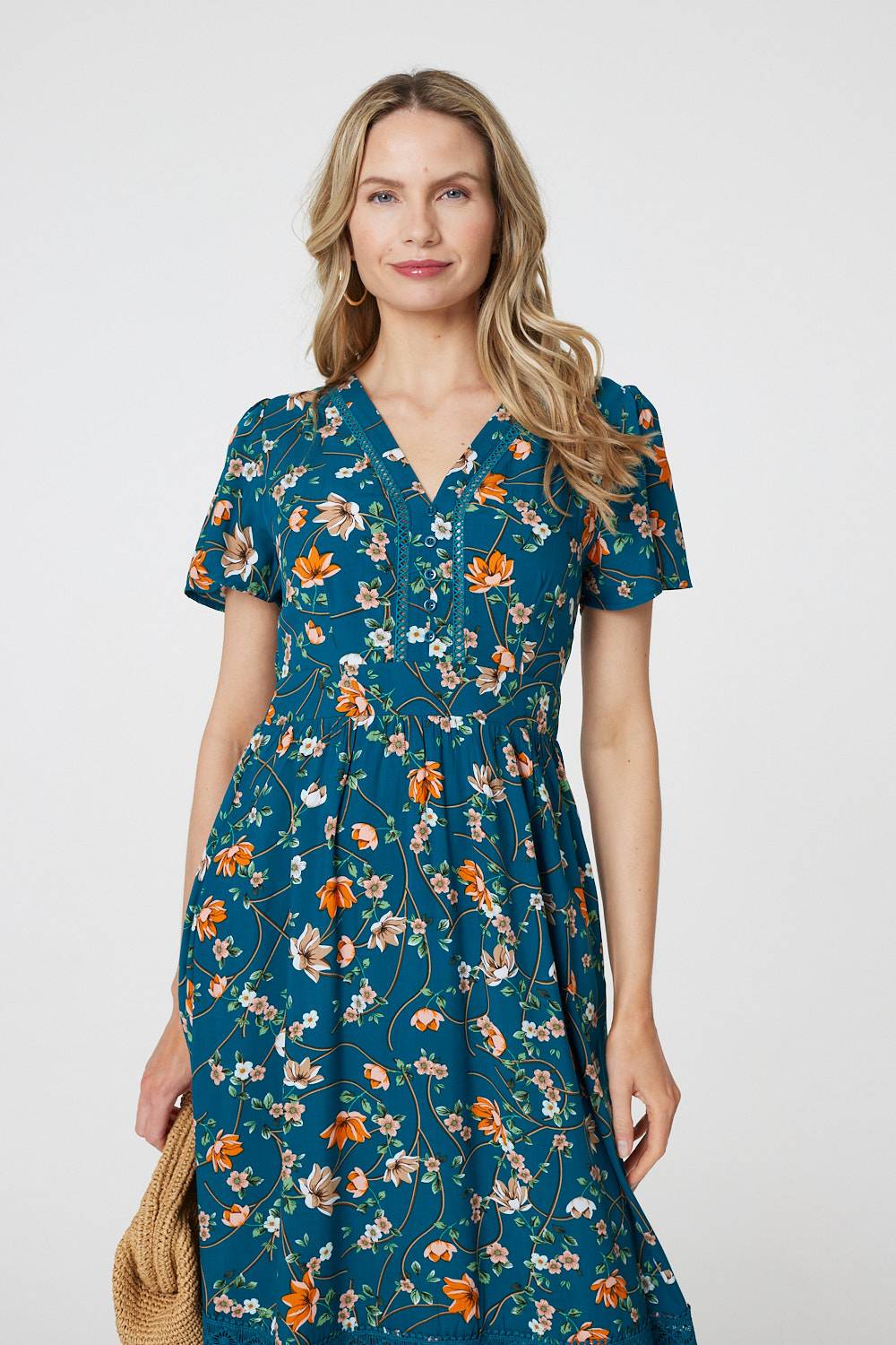 Floral Lace Trim Short Sleeve Midi Dress Back View 2