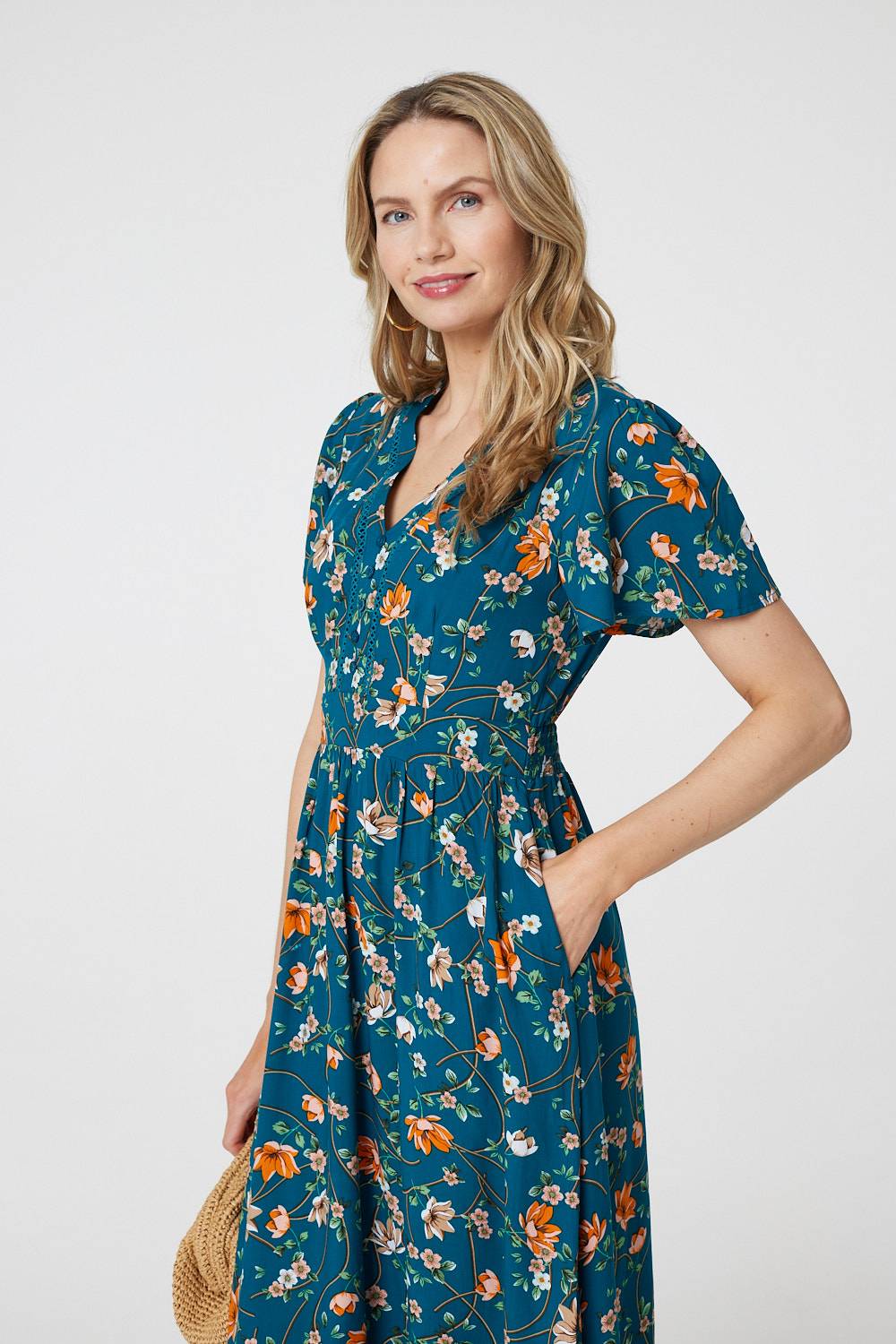 Floral Lace Trim Short Sleeve Midi Dress Styled View