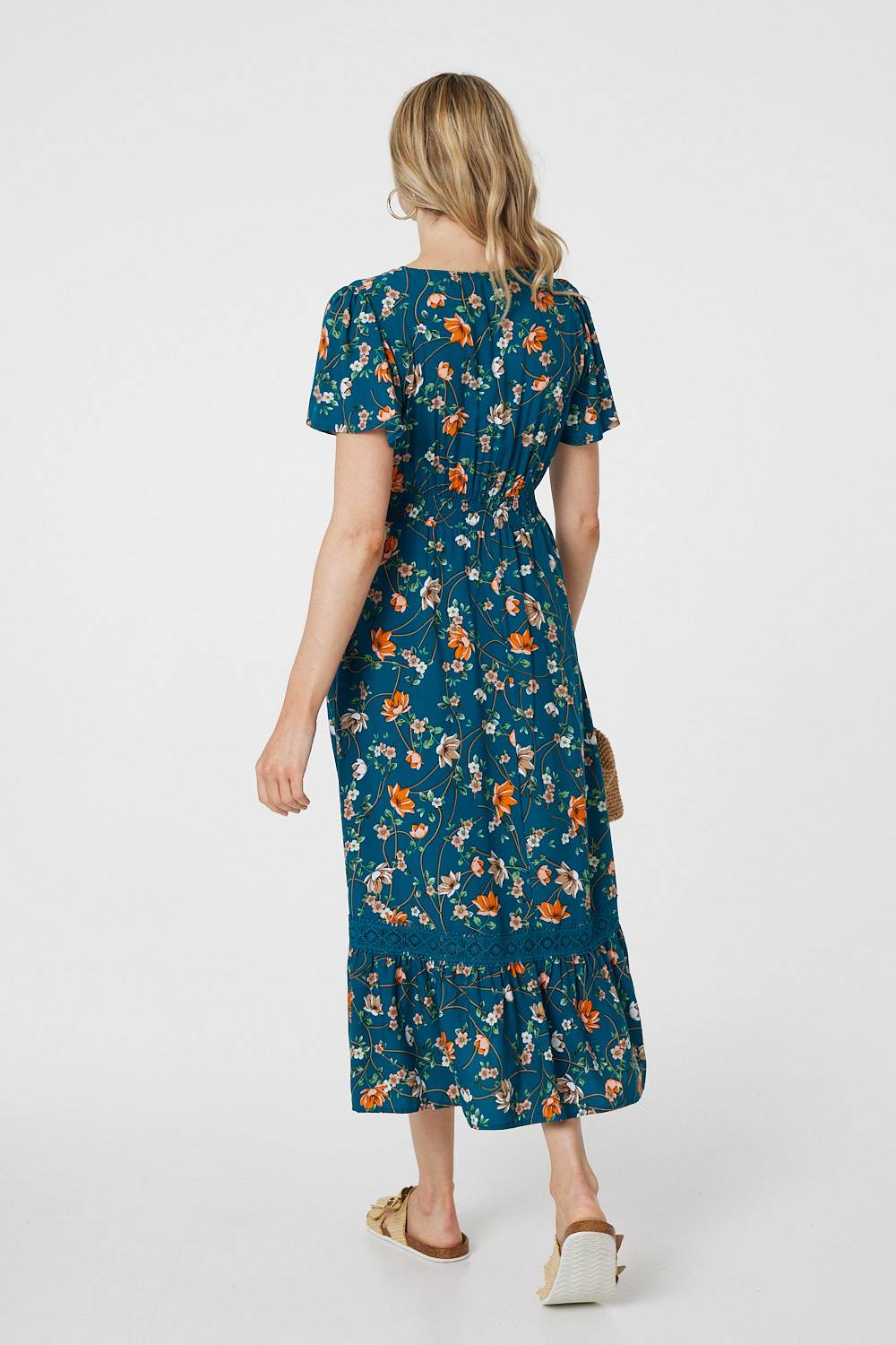 Floral Lace Trim Short Sleeve Midi Dress Side View