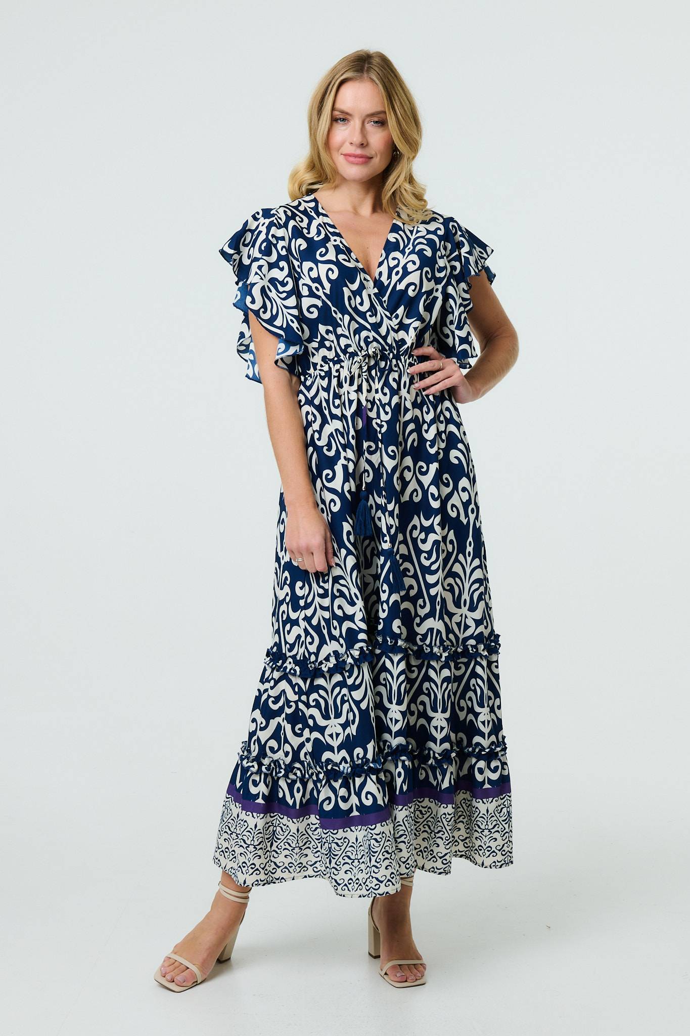 Mosaic Print Ruffle Batwing Sleeve Maxi Dress Back View