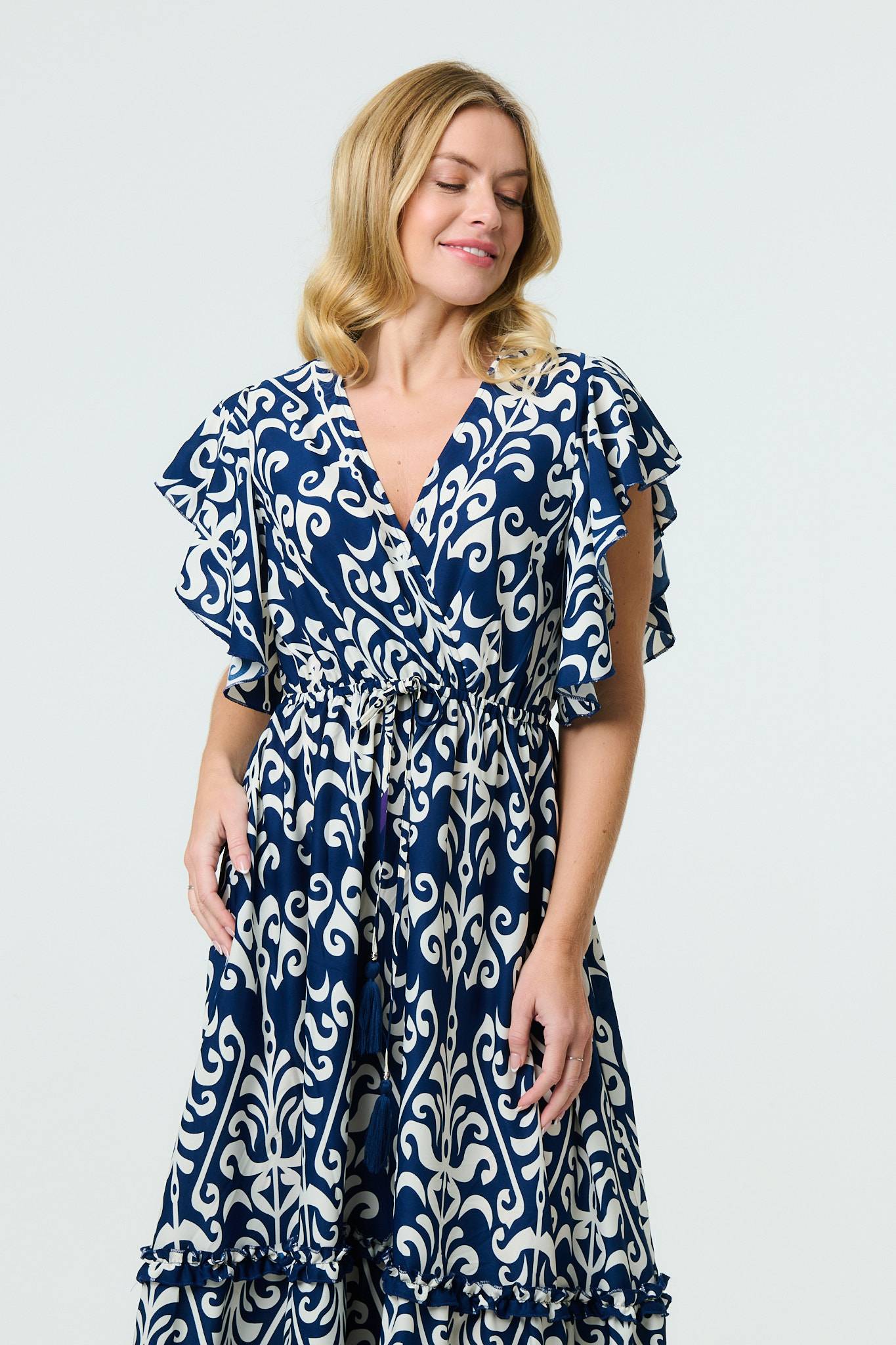 Mosaic Print Ruffle Batwing Sleeve Maxi Dress Detail View