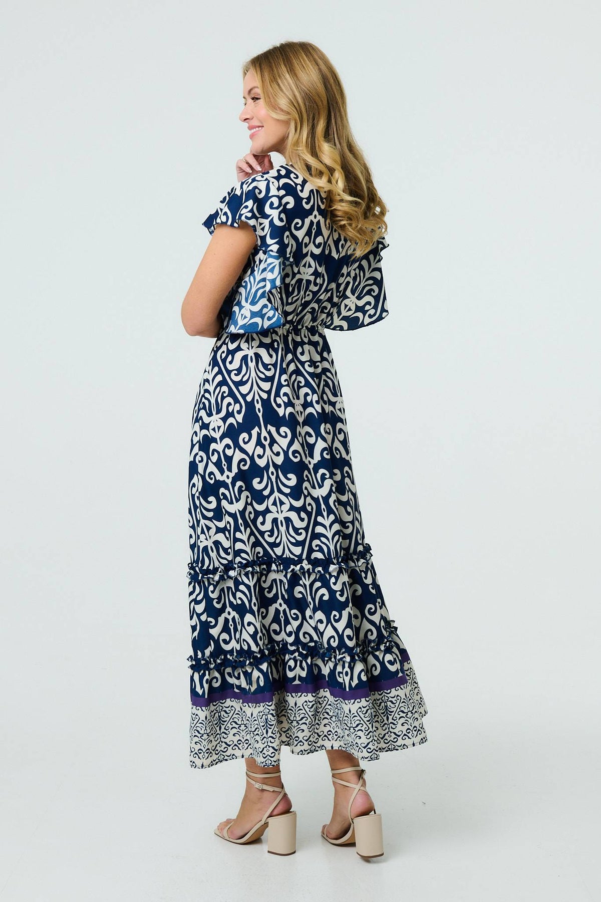 Mosaic Print Ruffle Batwing Sleeve Maxi Dress Full Length View