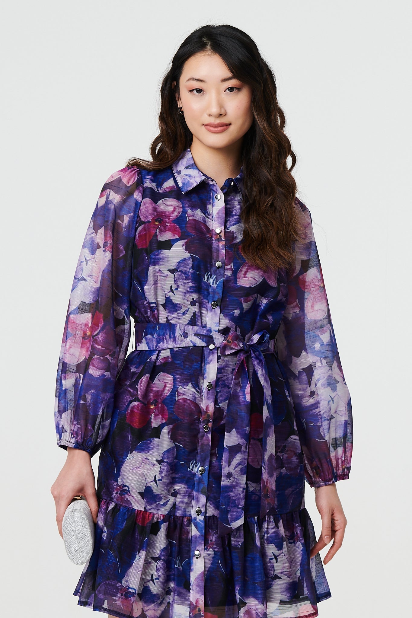 Floral Tie Waist Mini Shirt Dress Front View