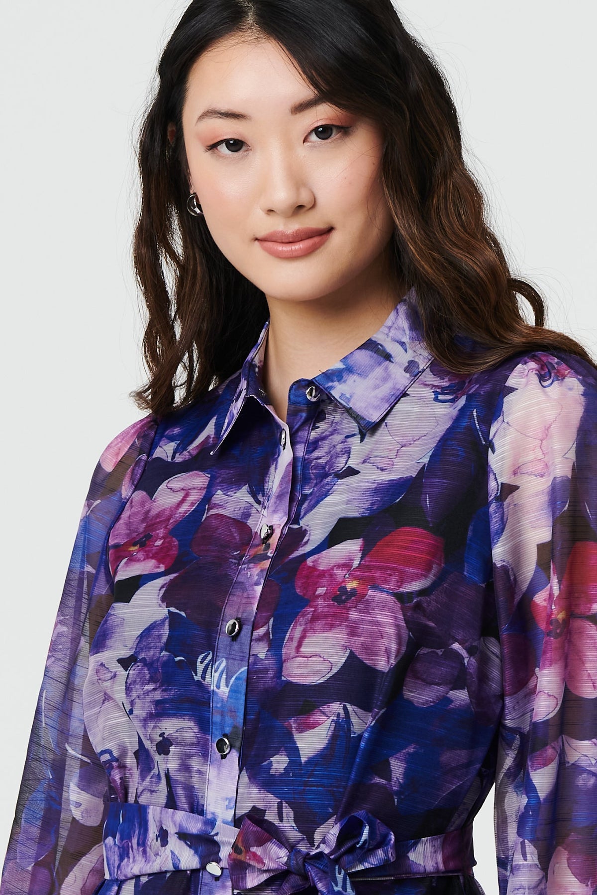 Floral Tie Waist Mini Shirt Dress Full Length View