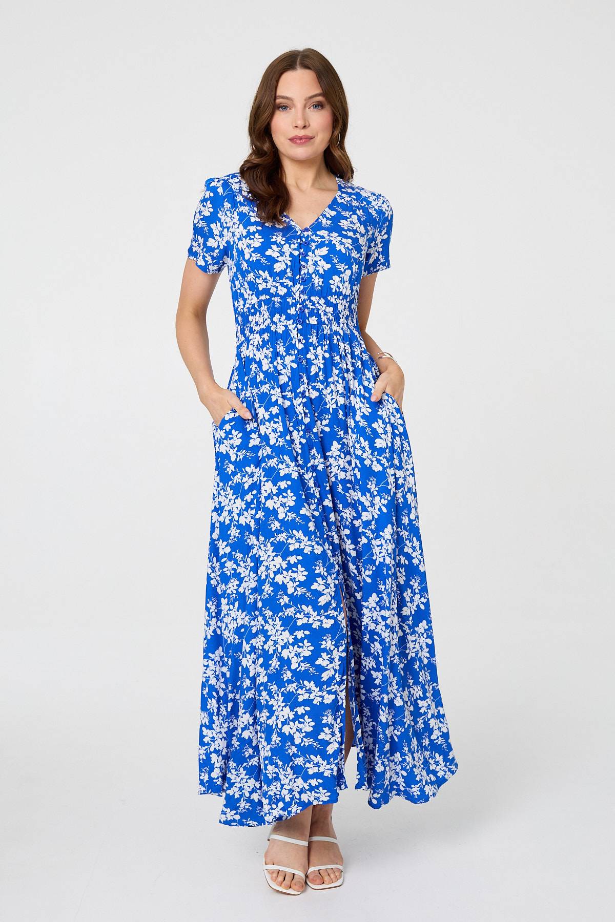 Ditsy Floral Shirred V-Neck Maxi Dress Front View