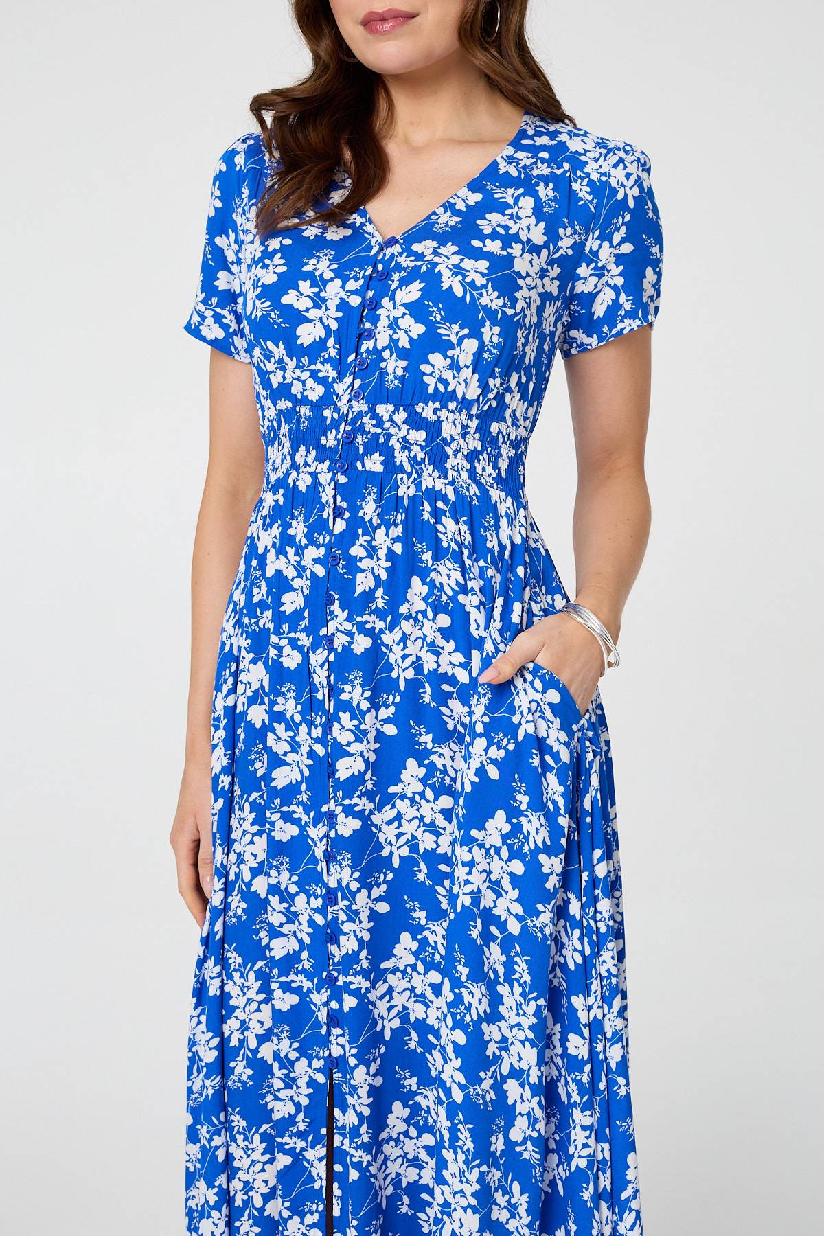 Ditsy Floral Shirred V-Neck Maxi Dress Full Length View